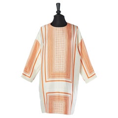 Silk and wool ivory dress with orange graphic print Céline par Phoebe Philo