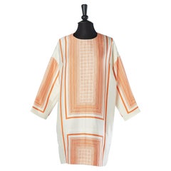 Robe ivoire en soie et laine avec imprimé graphique orange Céline par Phoebe Philo 