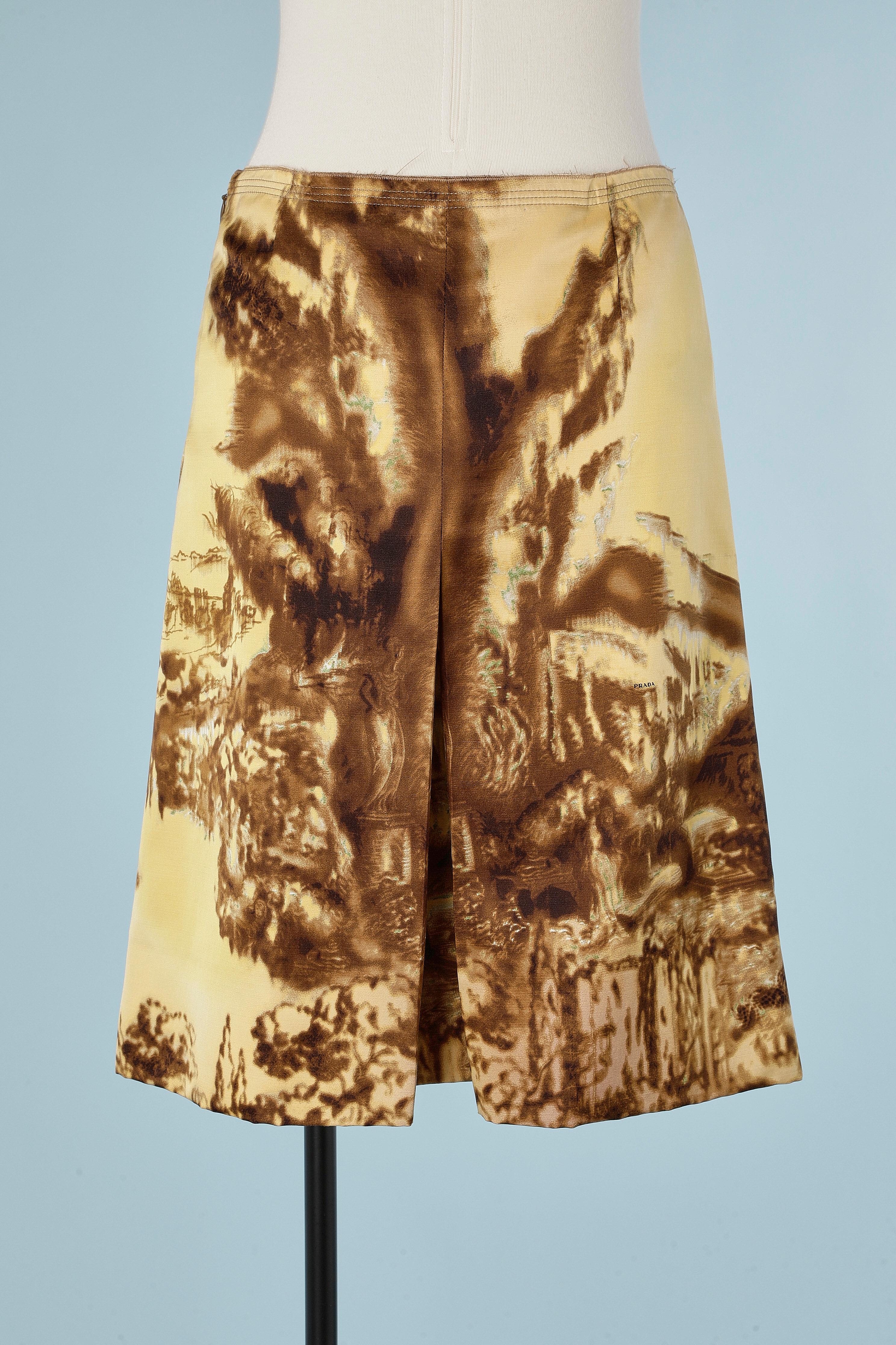 Silk and wool pleated and drape skirt with landscape and temple print Prada  In Excellent Condition In Saint-Ouen-Sur-Seine, FR