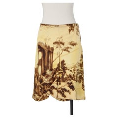 Silk and wool pleated and drape skirt with landscape and temple print Prada