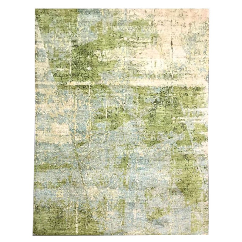 Abstract Silk and Wool Rug, Design in Soft Colors over Orange and Gray