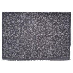 Silk and Wool Unisex Scarf, Gray with Geometric Drawings, Made in Italy