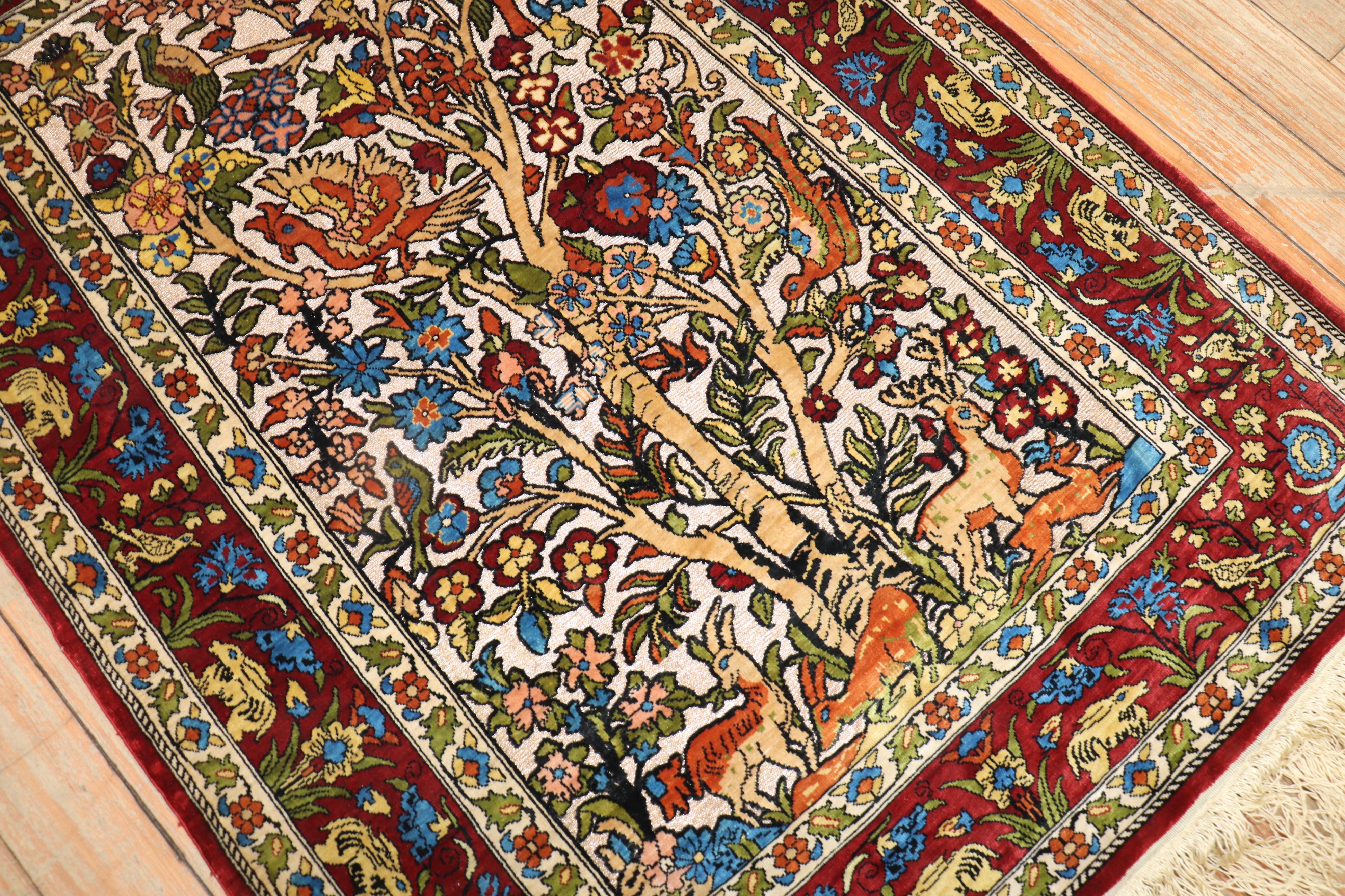 Folk Art Silk Animal Motif Herekeh Mini Rug
