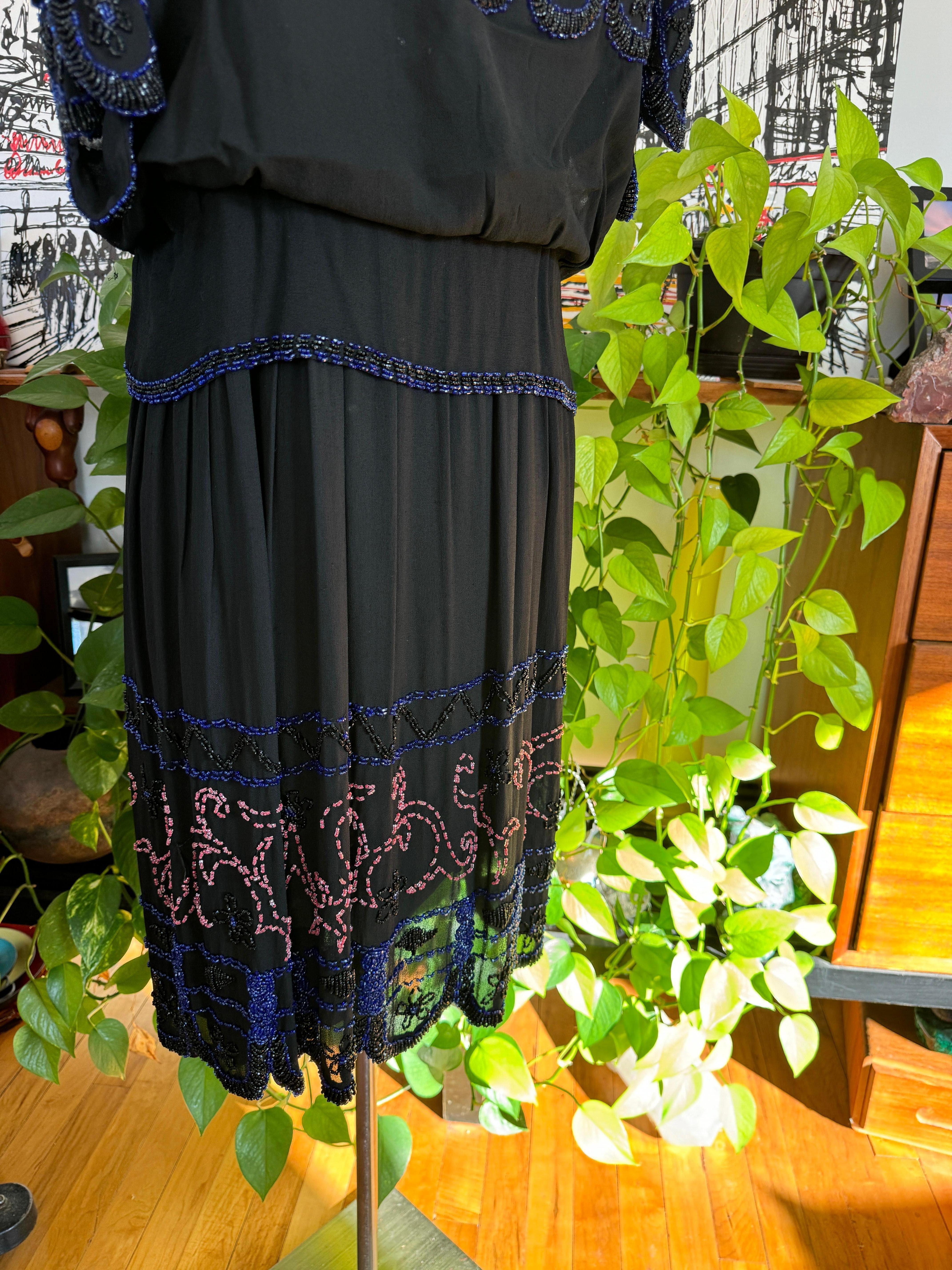 Silk  Flapper Black Beaded Drop Waist Dress 1920s For Sale 6