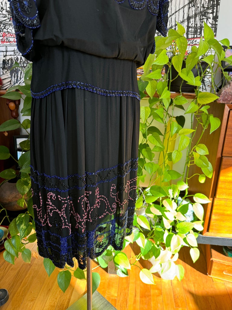 Silk Flapper Black Beaded Drop Waist Dress 1920s For Sale at 1stDibs