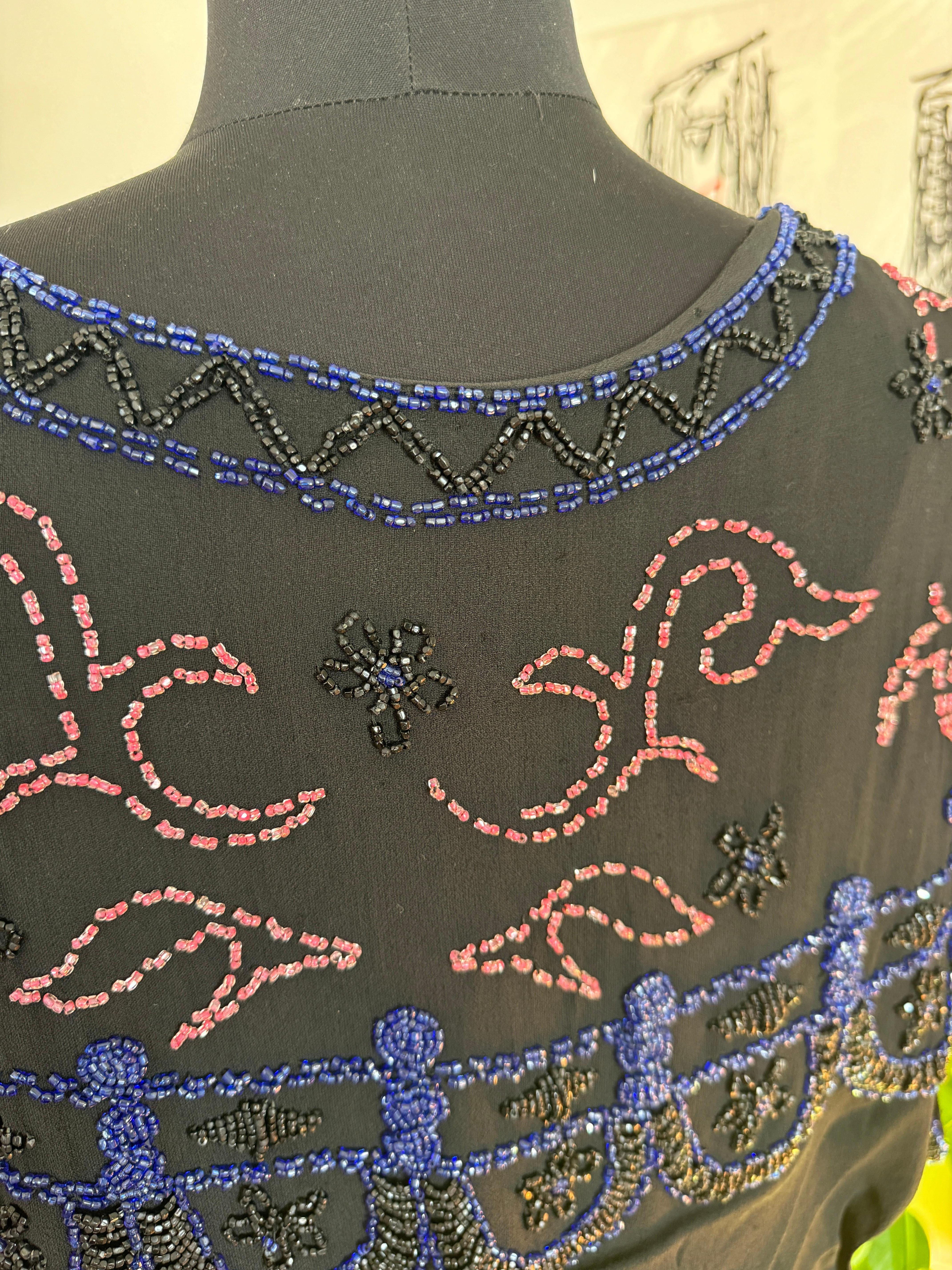 Silk  Flapper Black Beaded Drop Waist Dress 1920s For Sale 8