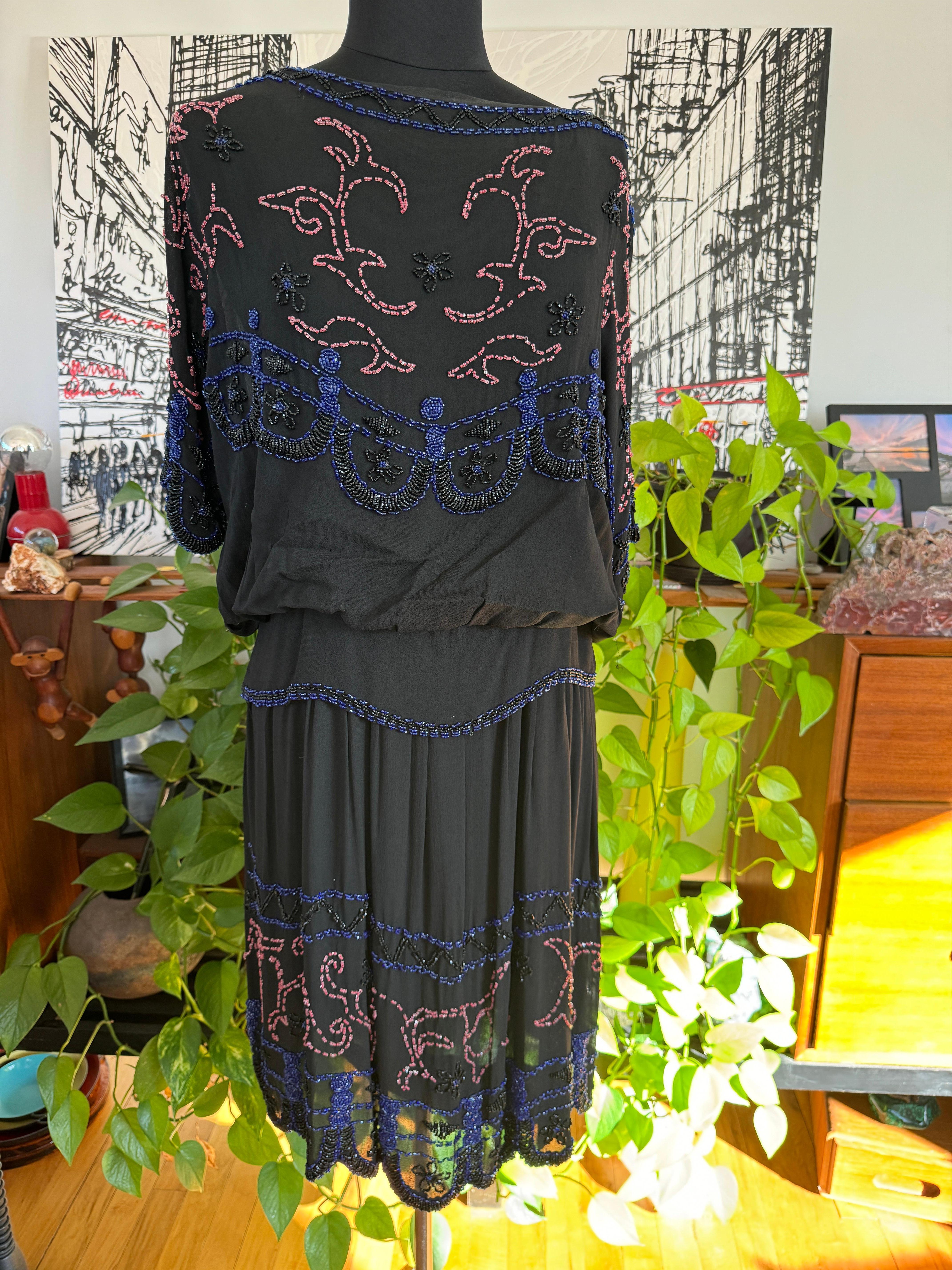 Silk  Flapper Black Beaded Drop Waist Dress 1920s For Sale 10