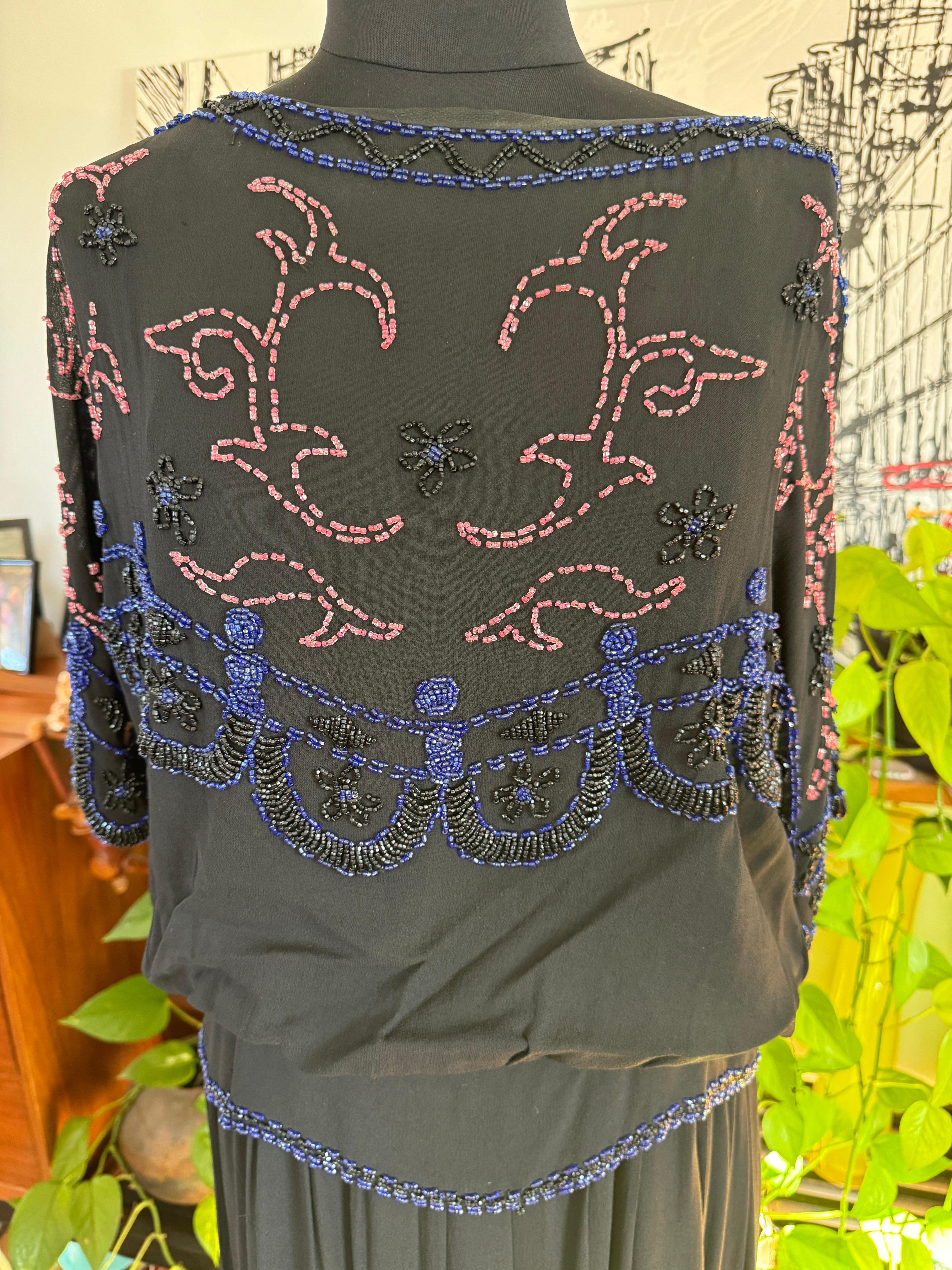 Silk  Flapper Black Beaded Drop Waist Dress 1920s For Sale 11