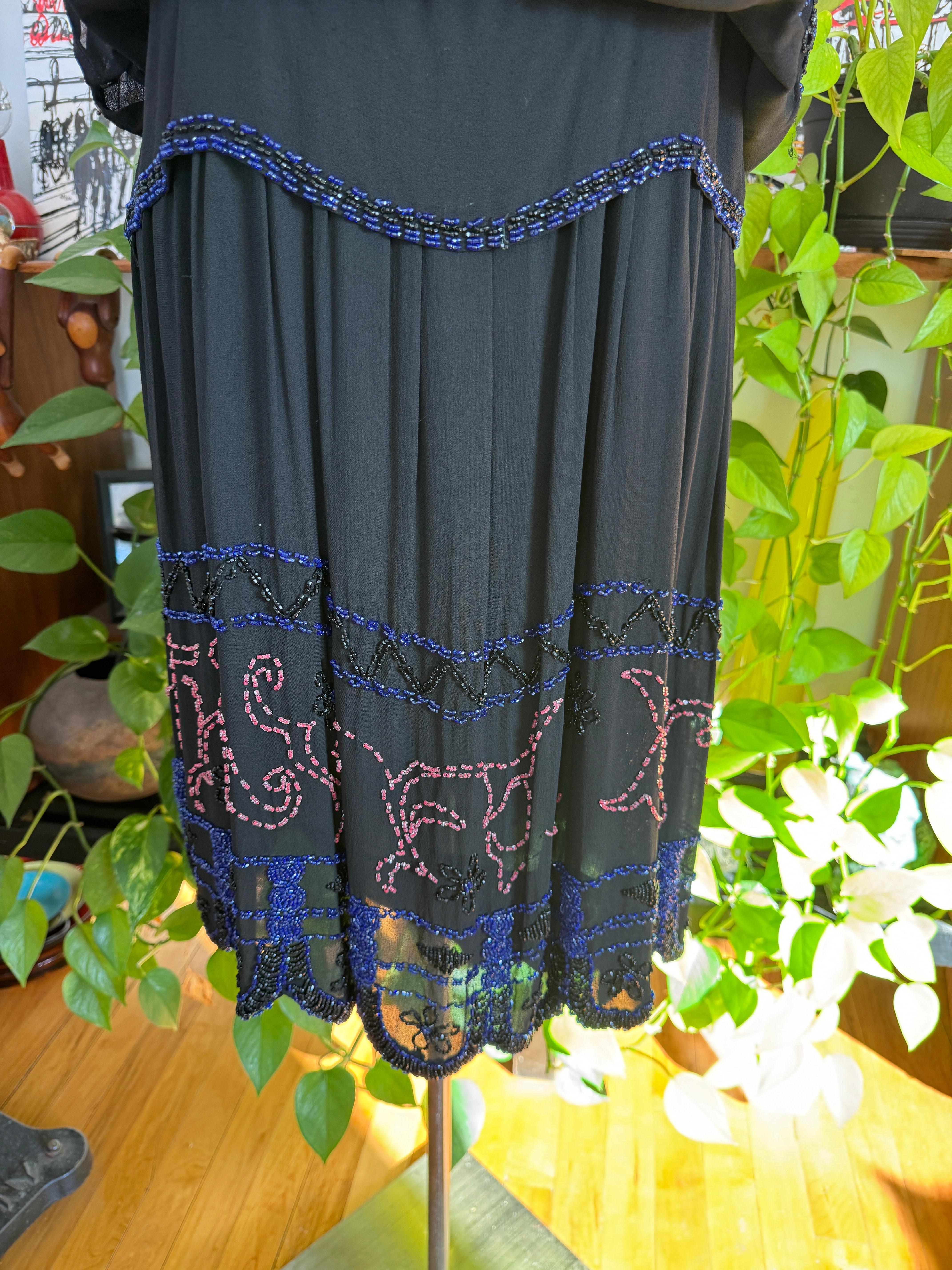 Silk  Flapper Black Beaded Drop Waist Dress 1920s For Sale 12