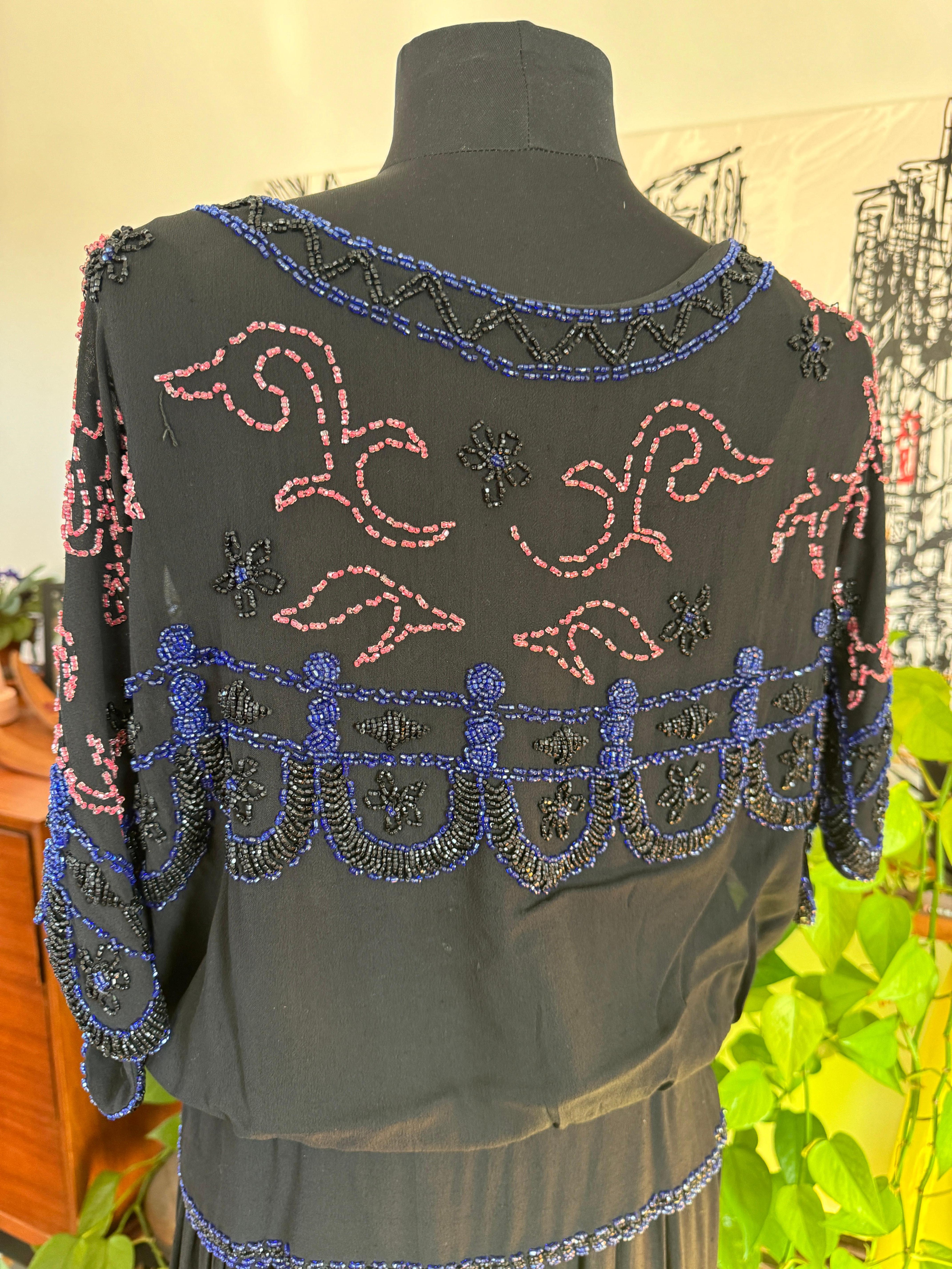 Silk  Flapper Black Beaded Drop Waist Dress 1920s For Sale 14