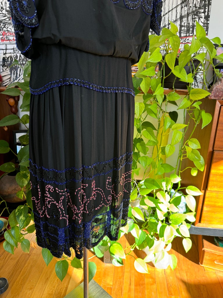 sachin and babi light blue dress Silk Flapper Black Beaded Drop Waist Dress 1920s For Sale at 1stDibs