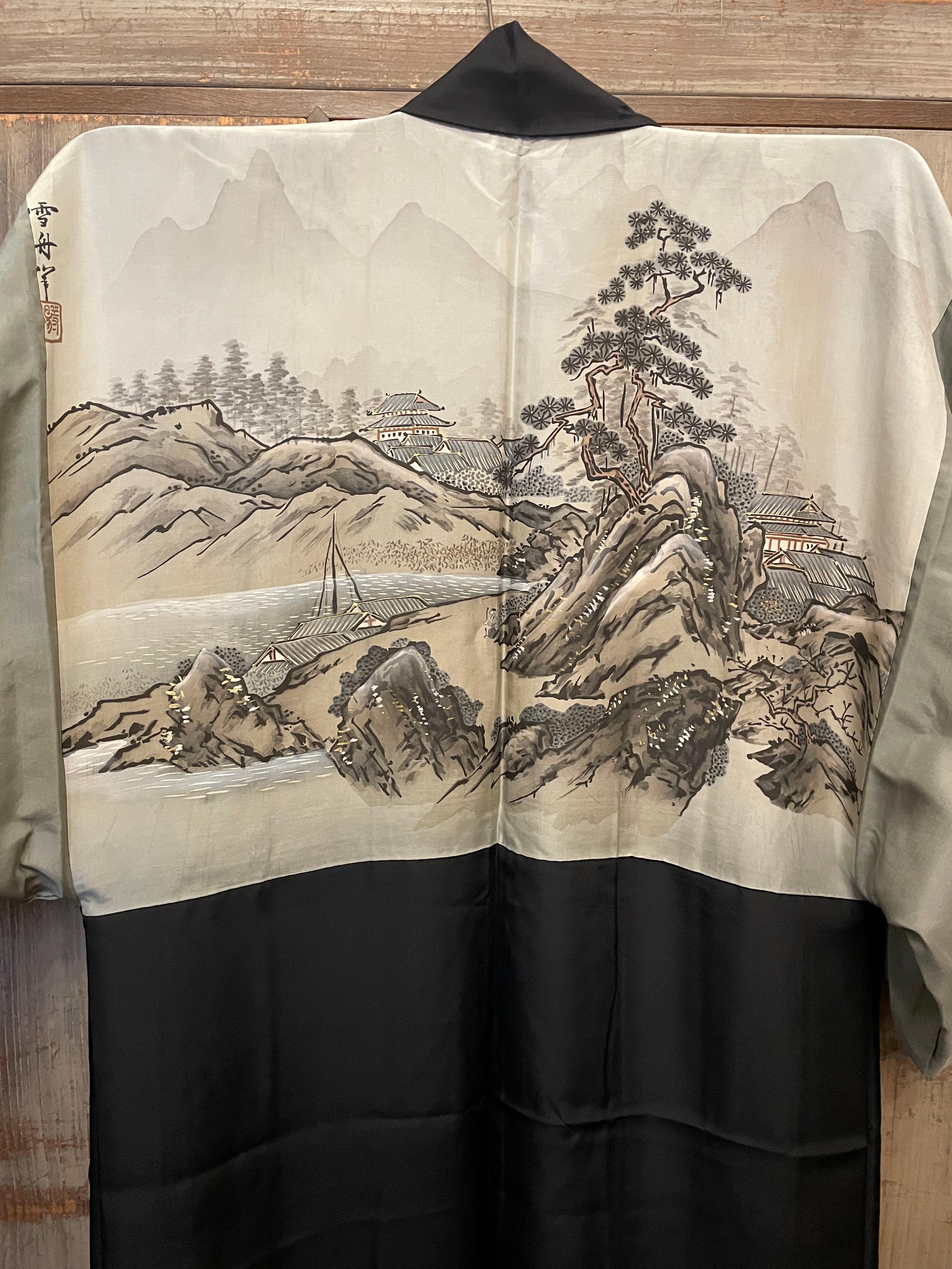 Mid-20th Century Silk Black Haori Jacket for Men 1960s Sesshu Toyo For Sale