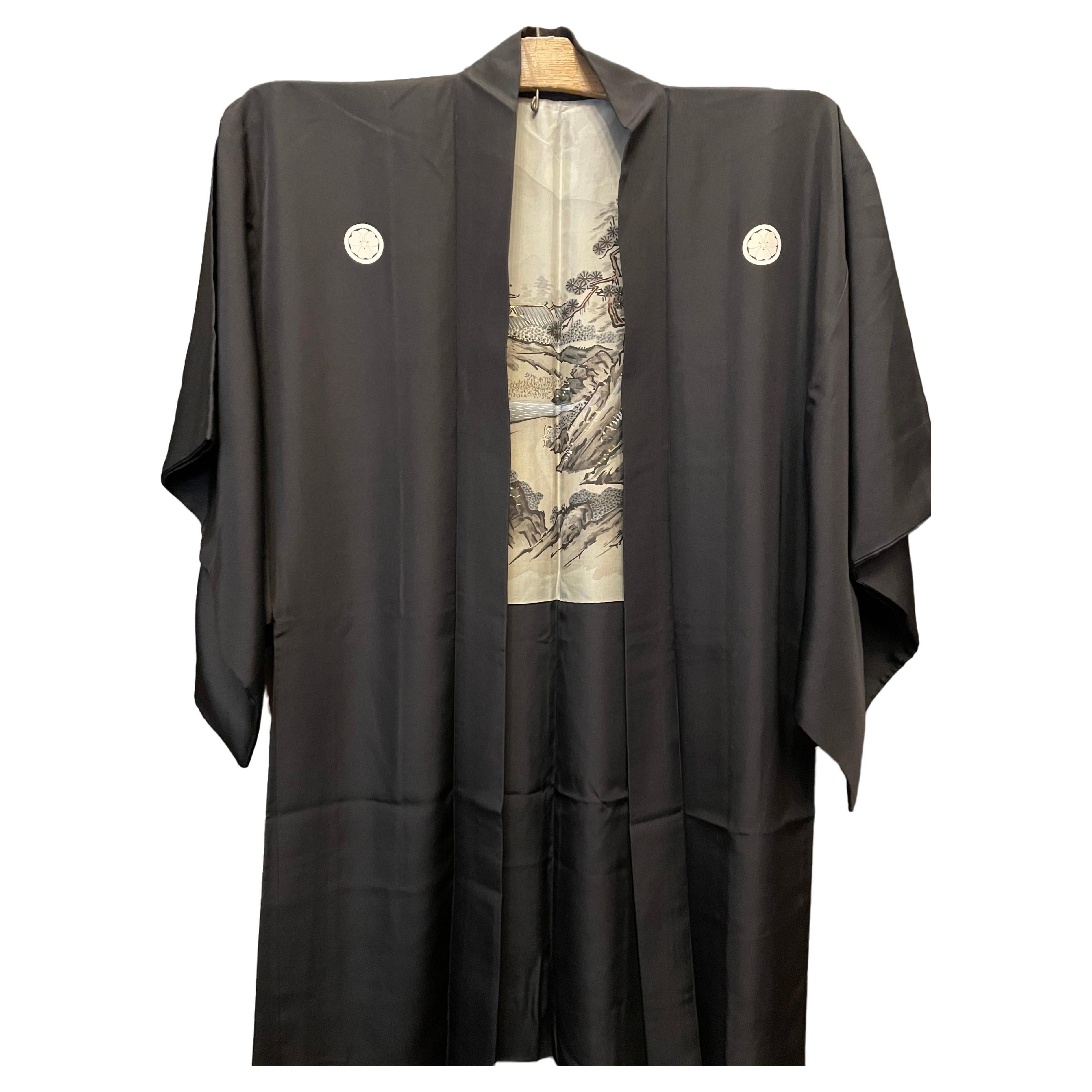 Silk Black Haori Jacket for Men 1960s Sesshu Toyo