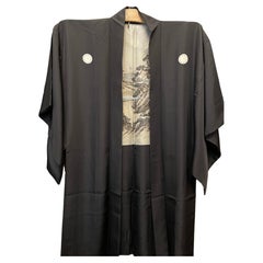 Retro Silk Black Haori Jacket for Men 1960s Sesshu Toyo