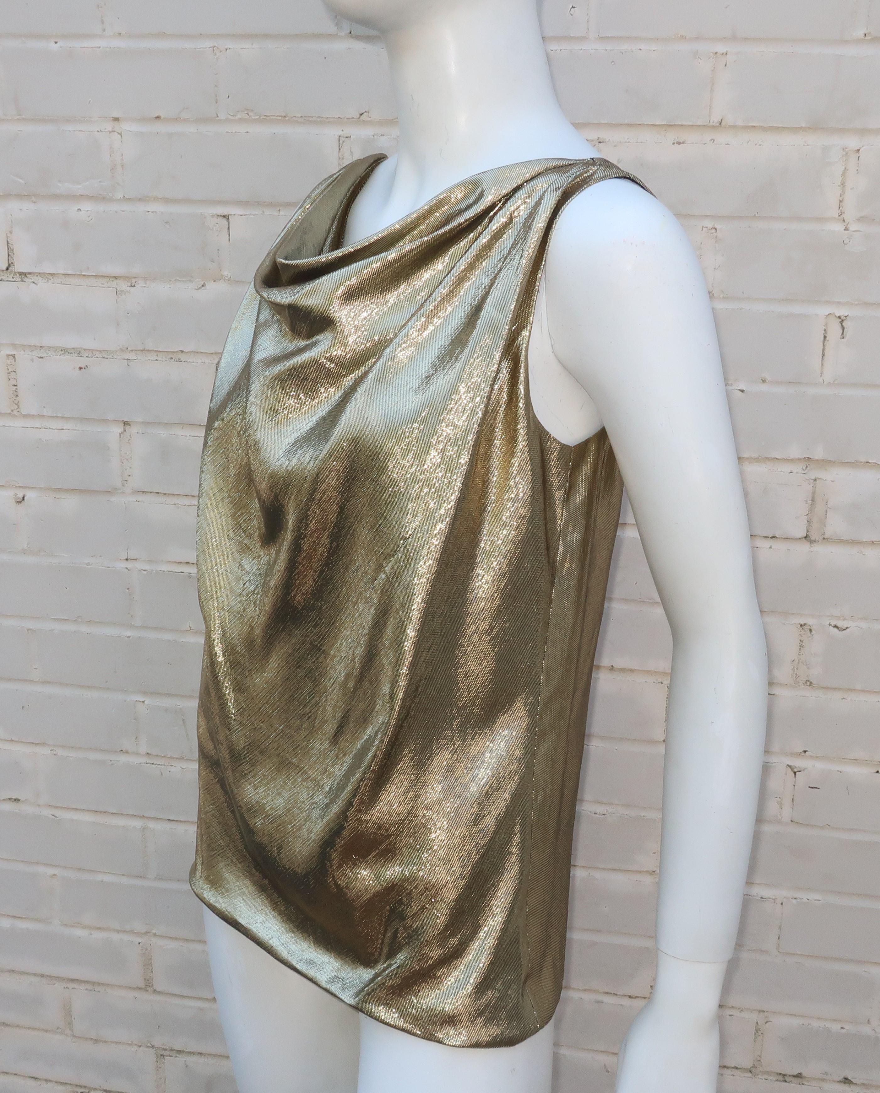 Women's Silk Blend Gold Lamé Draped Disco Top, 1970’s