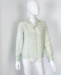 Silk Blouse Top Light Almond Green with Embroidery Size 8, 1960s