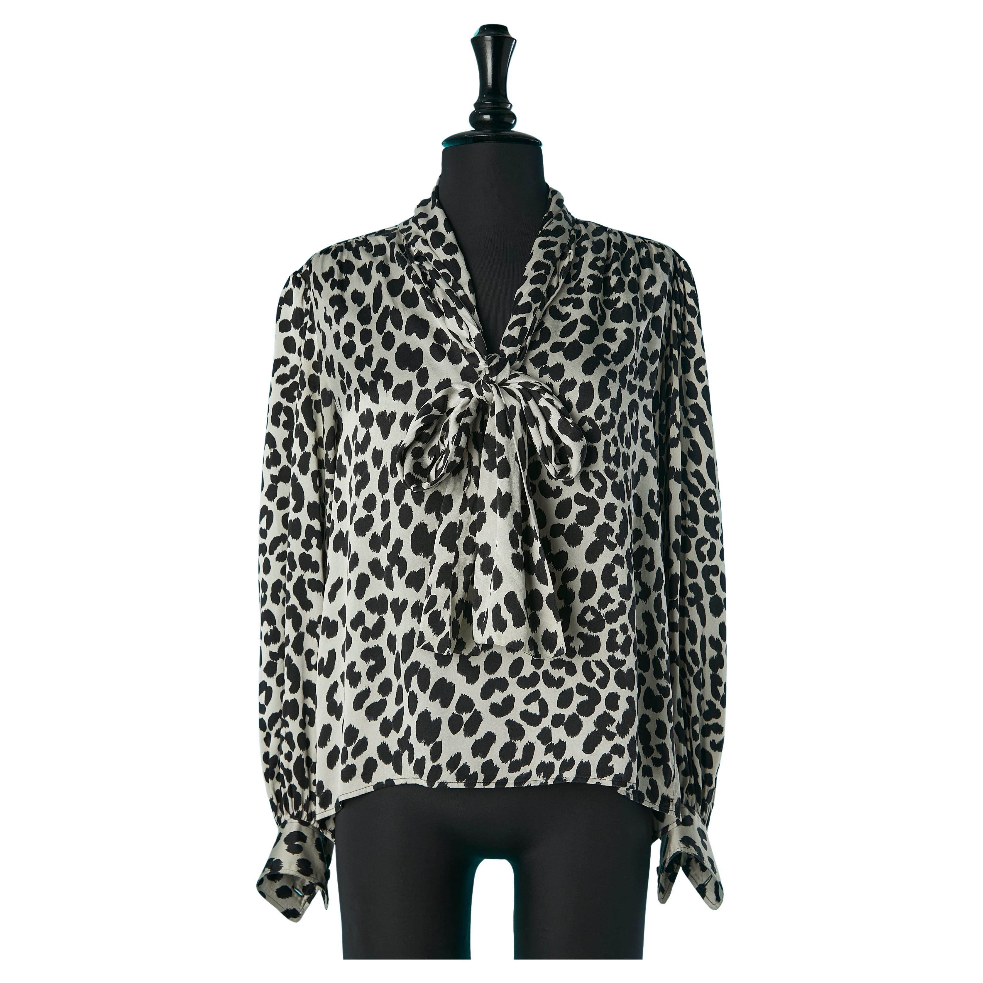 Silk blouse with bow tie and animal print Saint Laurent Rive Gauche  For Sale
