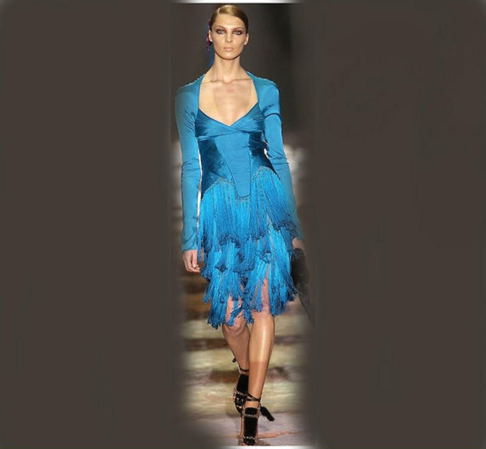 Silk blue dress with franges Tom Ford for Gucci  For Sale 6