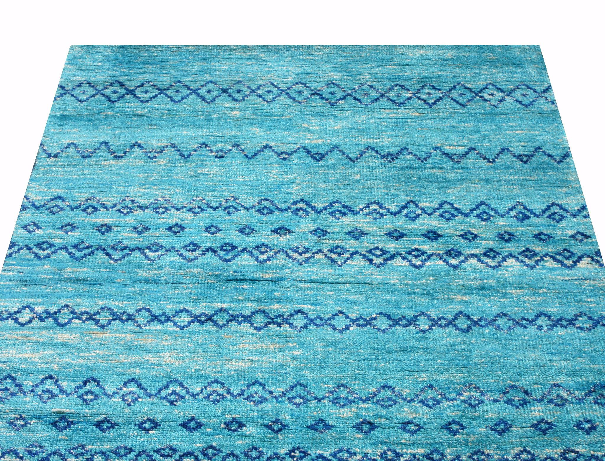 Hand-Knotted Silk Blue Modern Moroccan For Sale