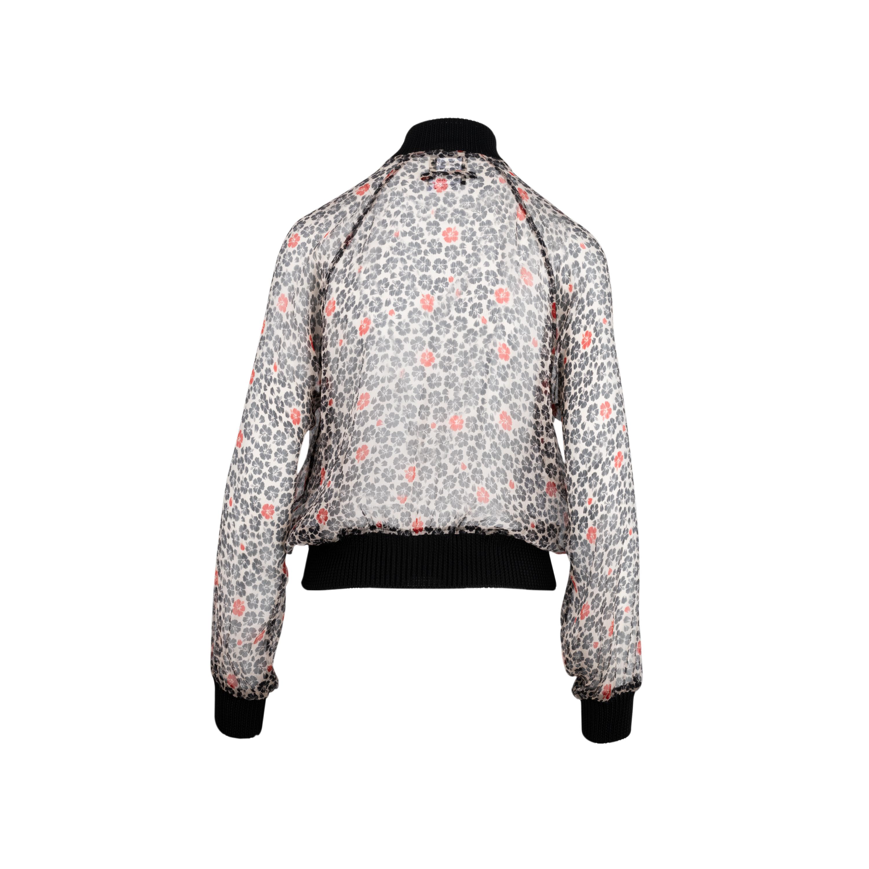 Jean Paul Gaultier Maille Femme line silk bomber jacket. Semi-sheer design with multicolour floral print and zip fastening. 