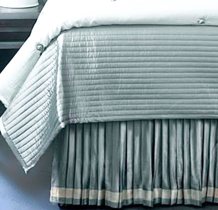 Silk Charmeuse Knife-Pleat Queen bed skirt with pins, new, slate teal and sand. Set includes pleated skirt for three sides of bed and pins to attach to platform/or bedspring. Drop is approximately 18.” Stunning silk with luscious hand. For Queen