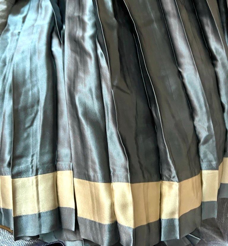 Contemporary Silk Charmeuse Knife-Pleat Queen Bed Skirt with Pins, New, Slate Teal and Sand For Sale
