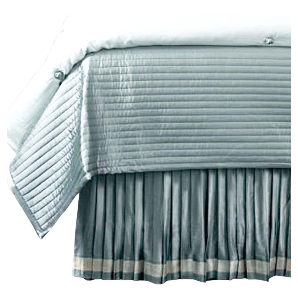 Silk Charmeuse Knife-Pleat Queen Bed Skirt with Pins, New, Slate Teal and Sand For Sale