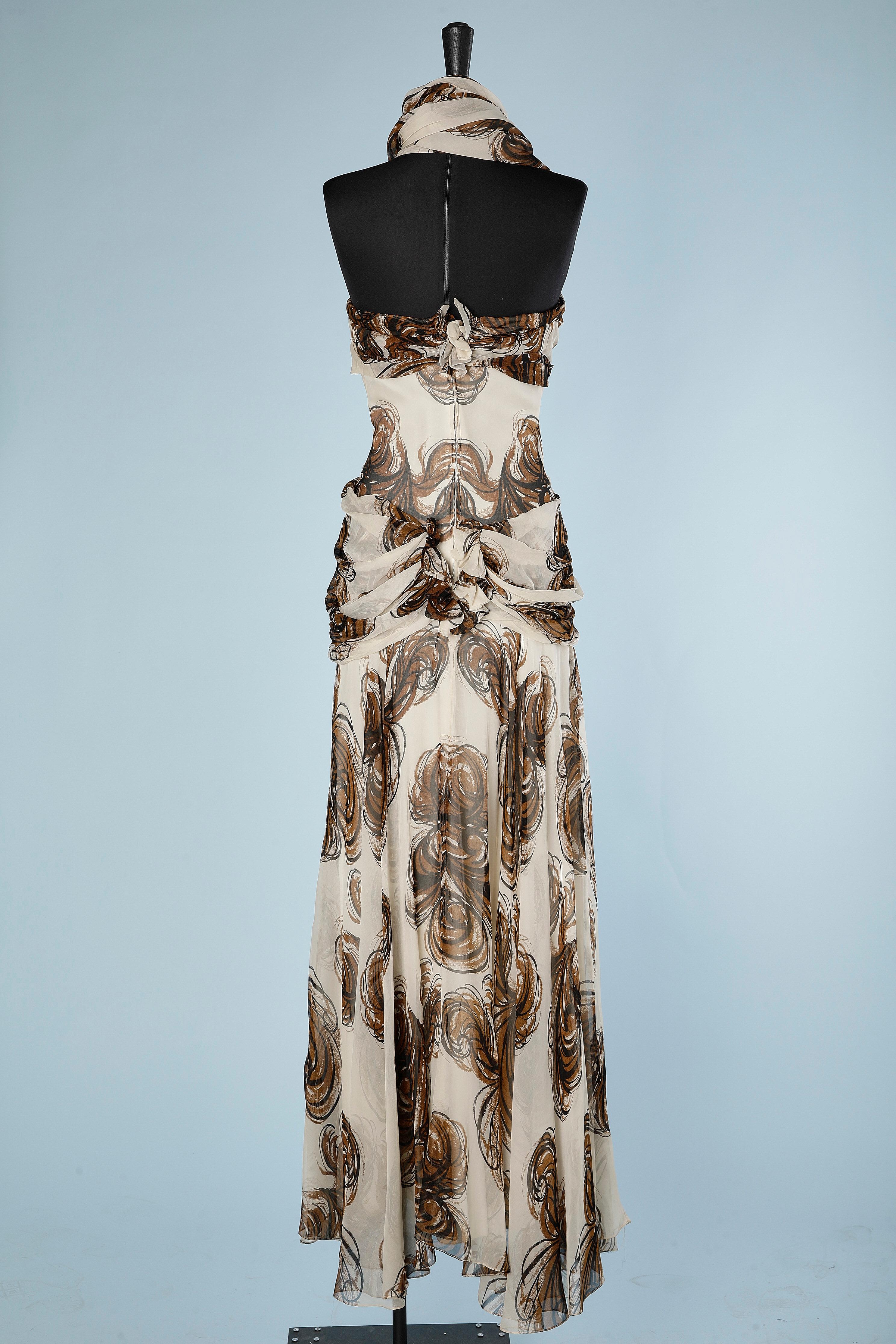 Brown Silk, chiffon bustier evening dress with print and scarf  Mac Wise 1940's  For Sale