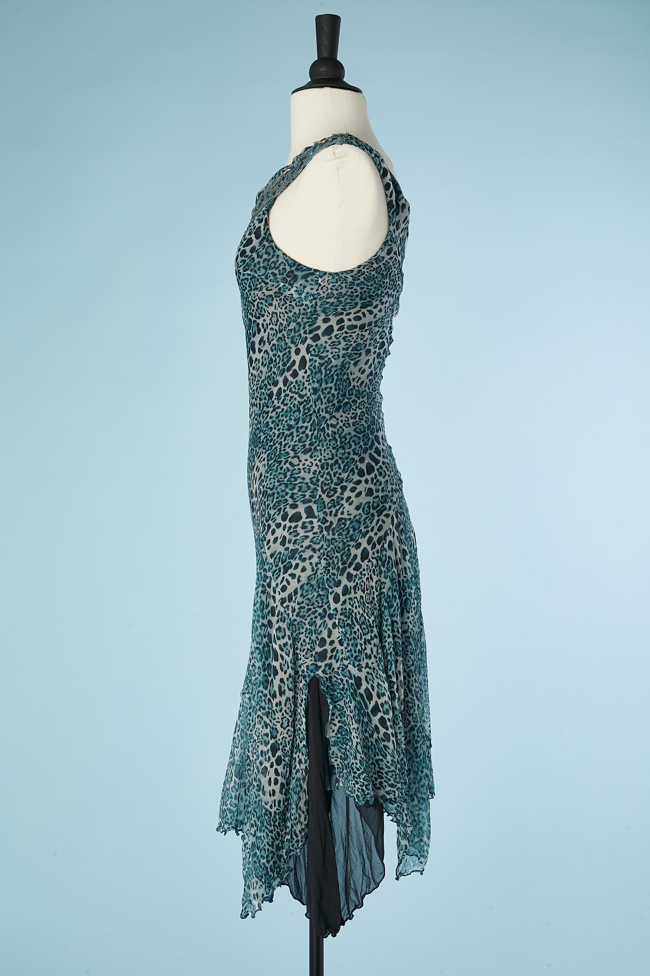 Silk chiffon cocktail dress with leopard print and beaded neckline Dextée  For Sale 1