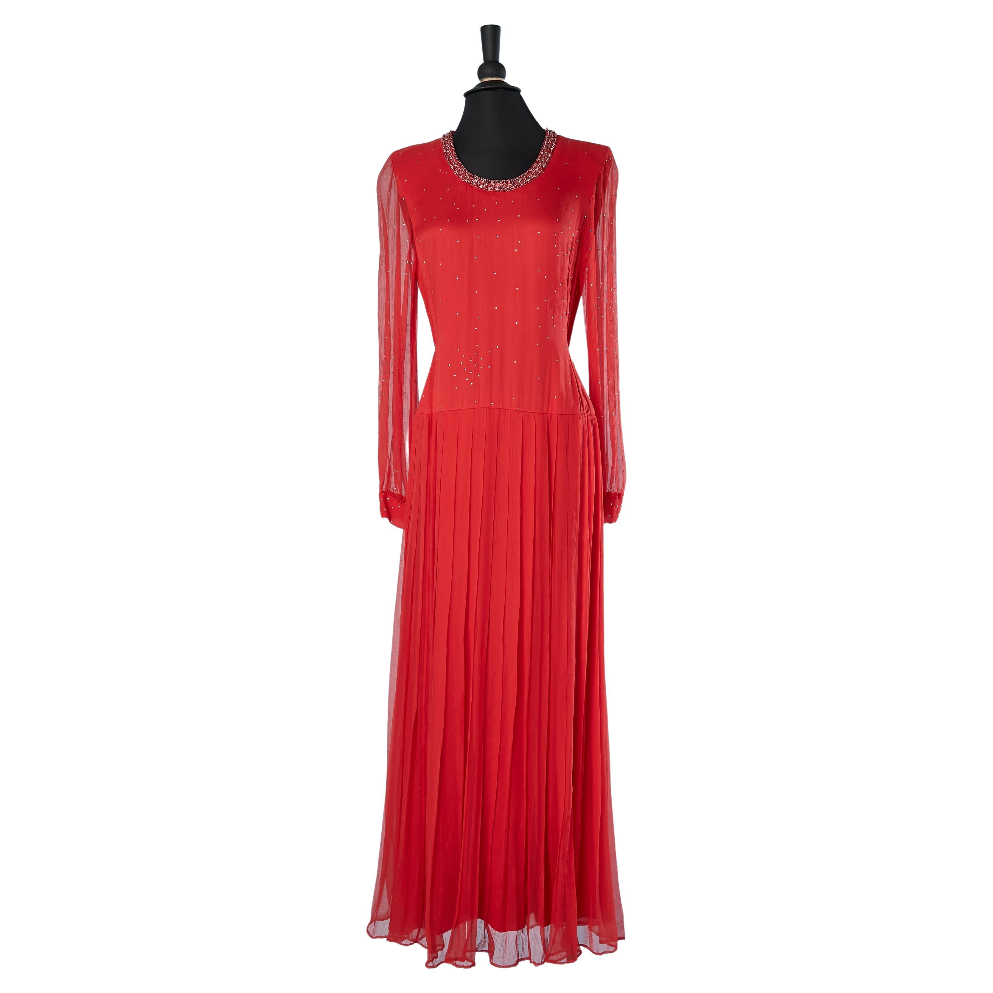 Silk chiffon evening dress with beadwork and rhinestone André Laug  For Sale