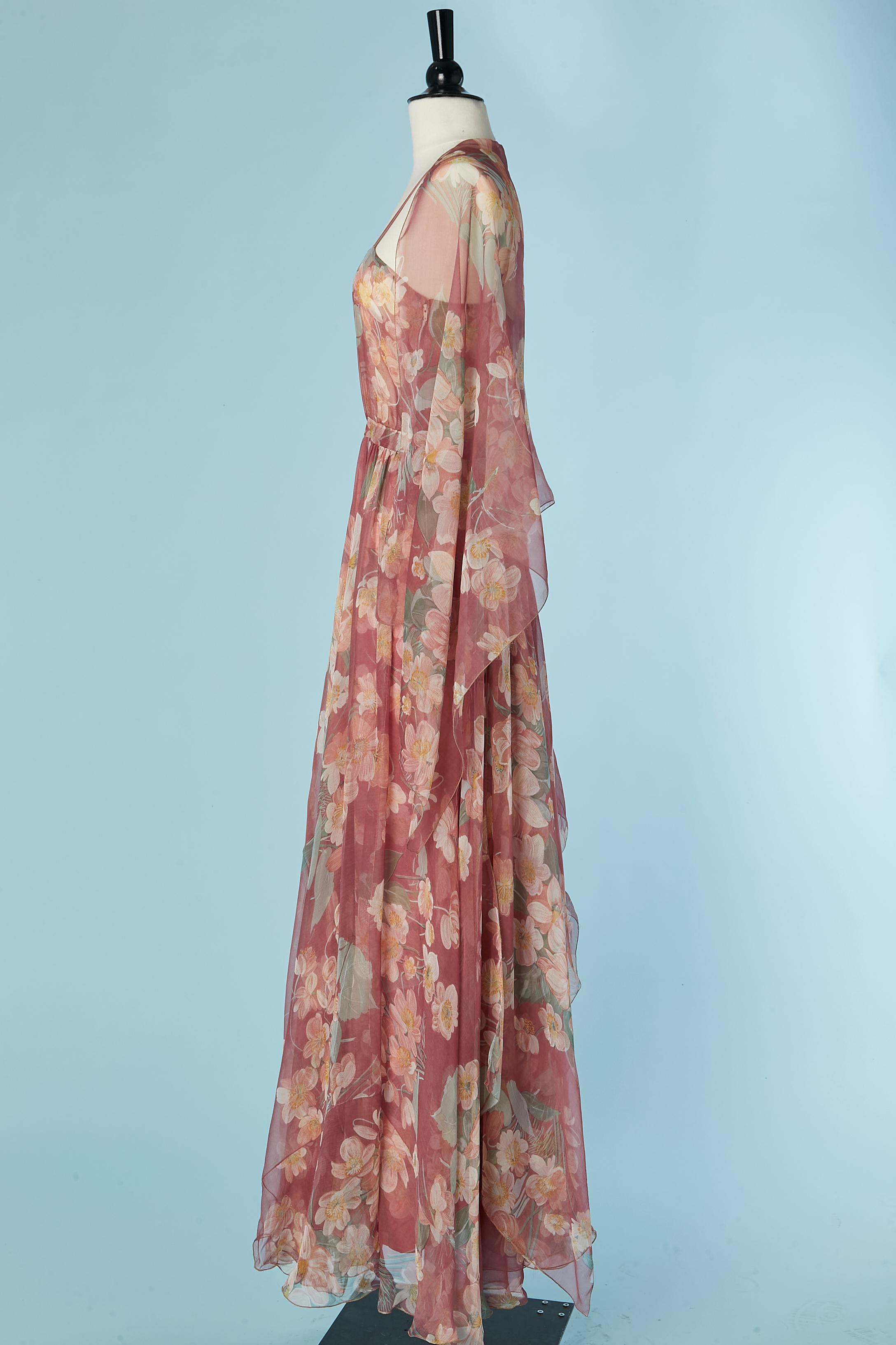 Abendkleid aus Seidenchiffon mit Blumendruck und Schal DANIEL ROLAND im Zustand „Hervorragend“ im Angebot in Saint-Ouen-Sur-Seine, FR