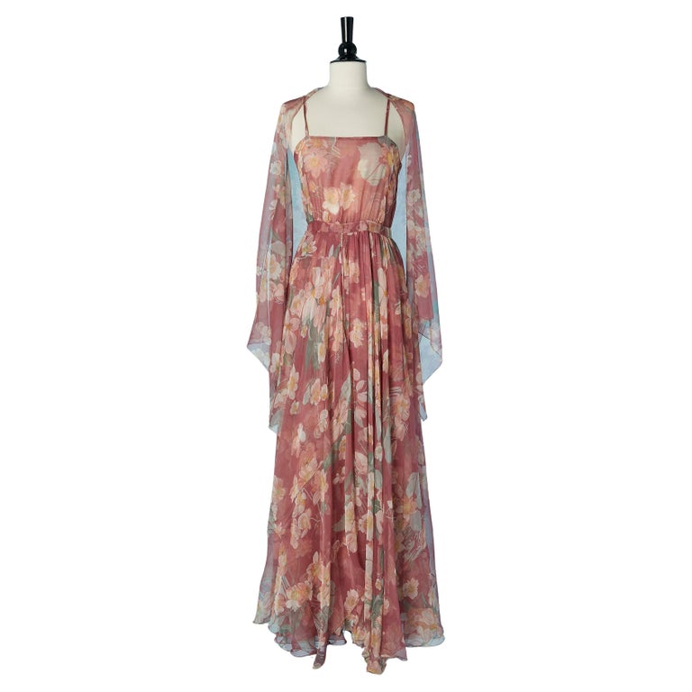 Silk chiffon evening dress with flower print and scarf DANIEL ROLAND