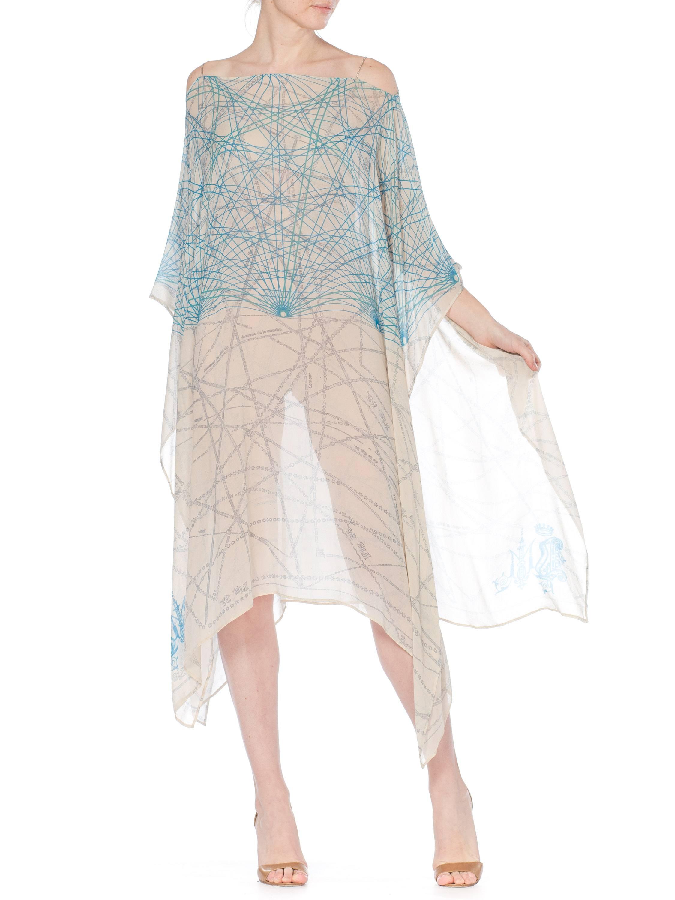 MORPHEW COLLECTION Baby Blue Geometric Silk Chiffon Kaftan With Scarf Belt In Excellent Condition In New York, NY