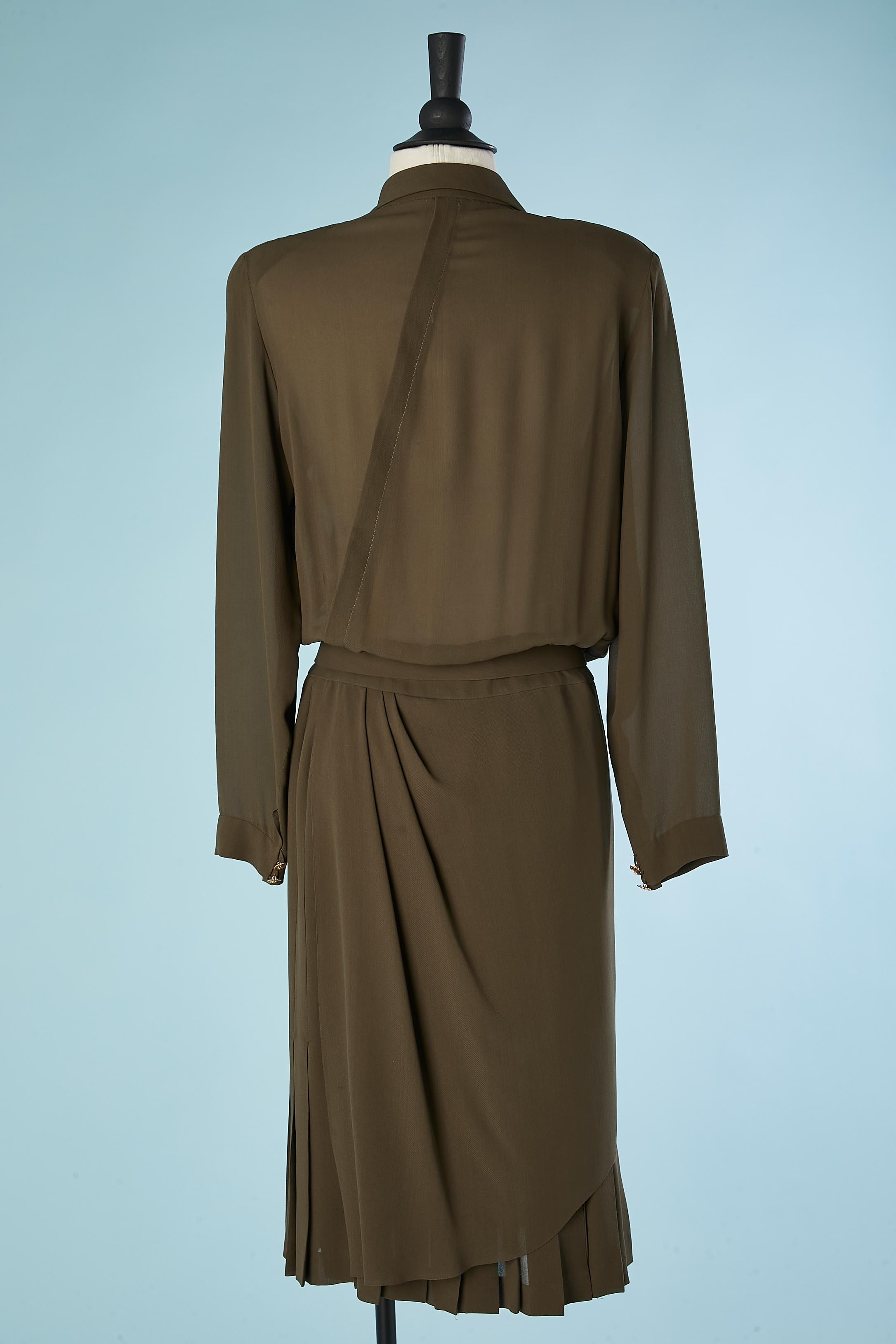 Silk chiffon kaki cocktail dress wrapped and pleated with belt Chanel  For Sale 1