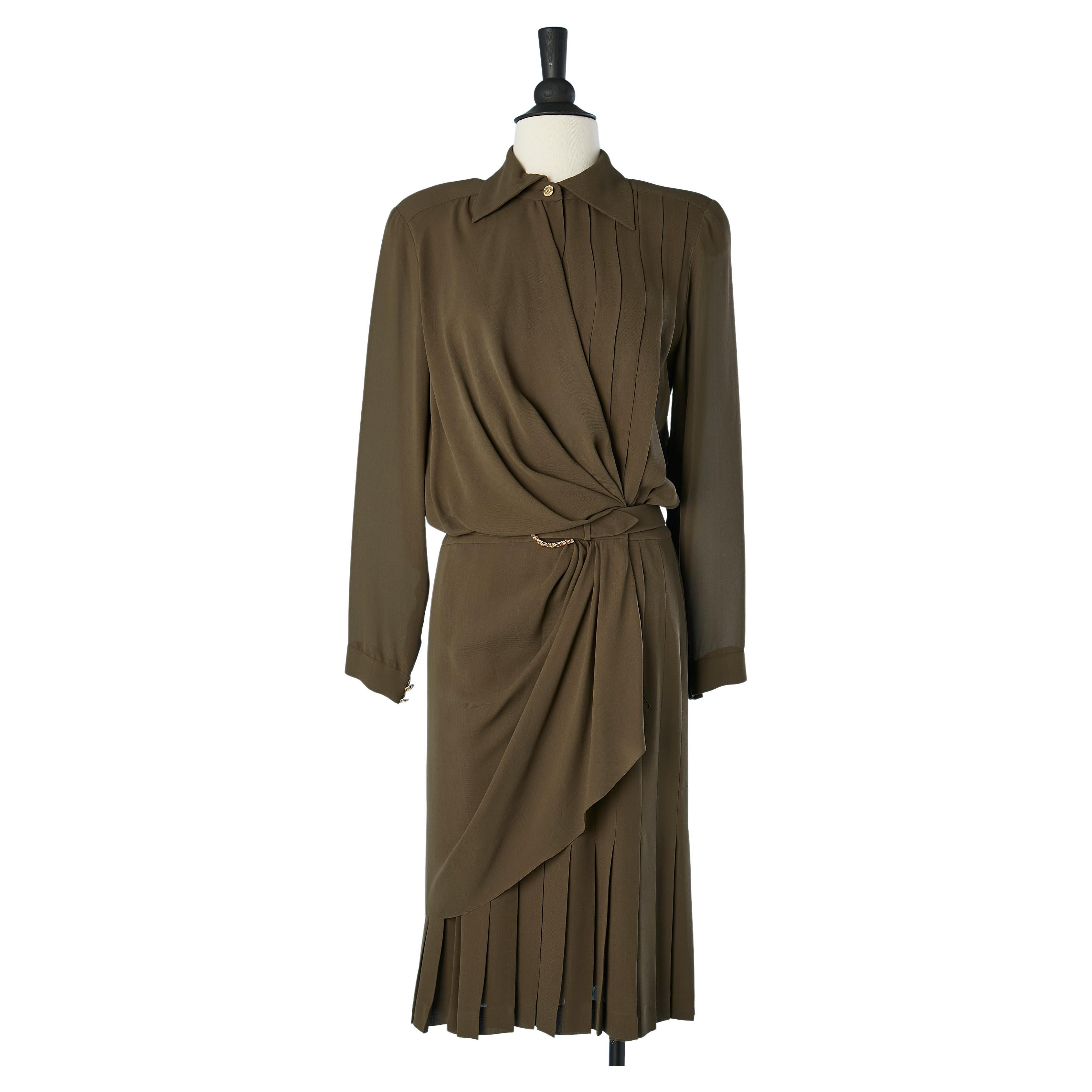 Silk chiffon kaki cocktail dress wrapped and pleated with belt Chanel  For Sale