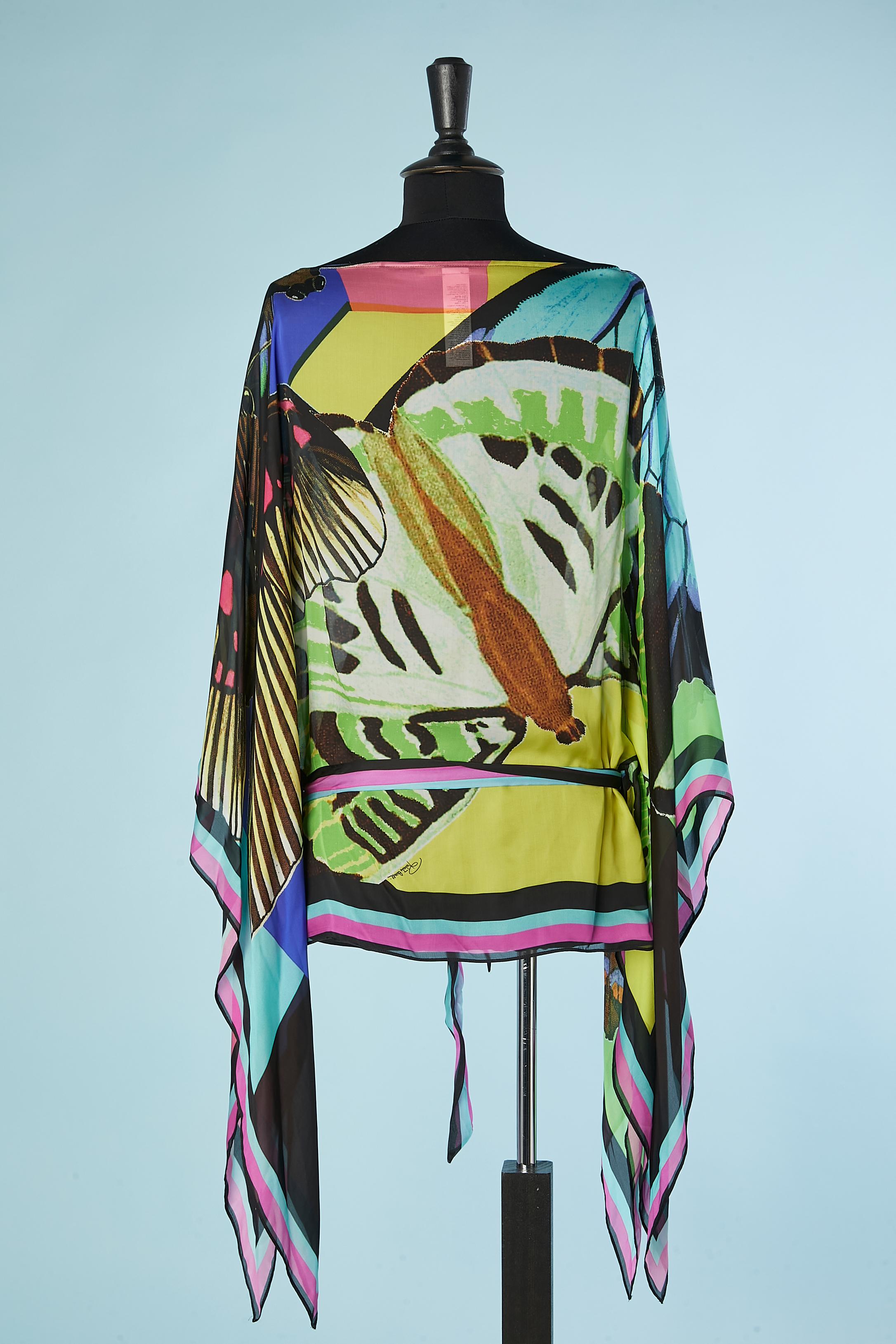 Silk chiffon multicolor poncho with silk belt Roberto Cavalli  For Sale 1
