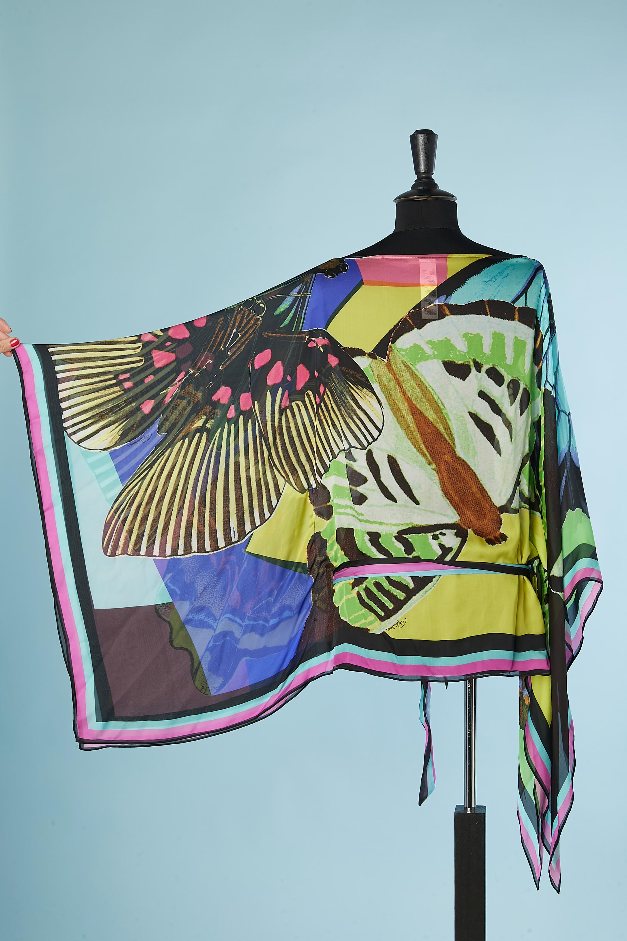Silk chiffon multicolor poncho with silk belt Roberto Cavalli  For Sale 2