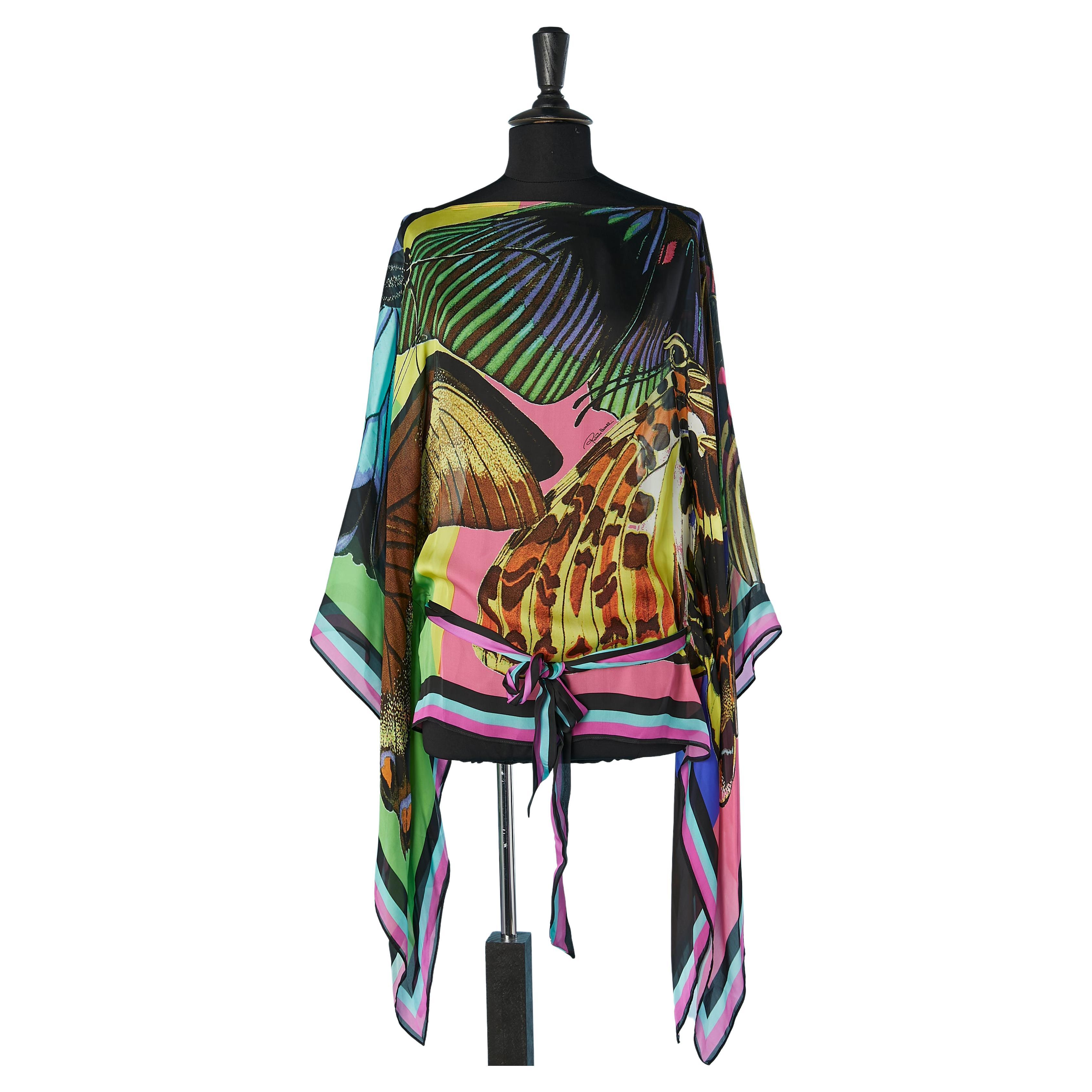 Silk chiffon multicolor poncho with silk belt Roberto Cavalli  For Sale