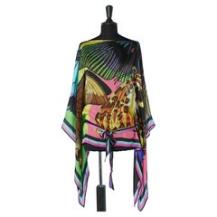 Silk chiffon multicolor poncho with silk belt Roberto Cavalli 