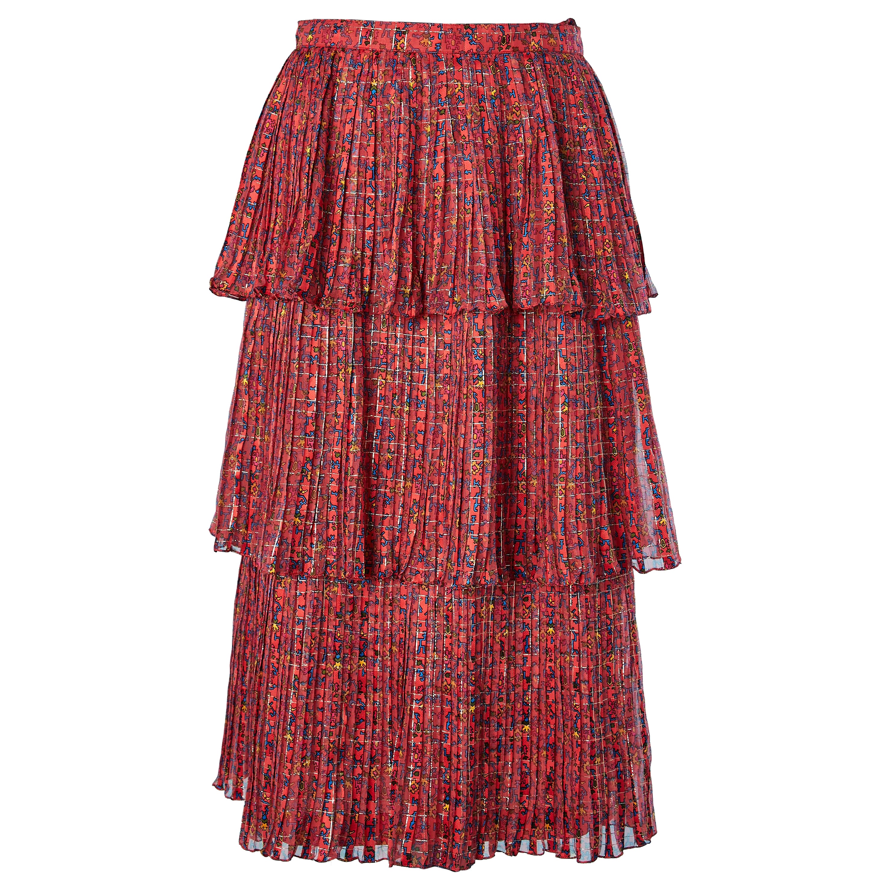 Falda estampada de gasa de seda con volantes Céline Circa 1970