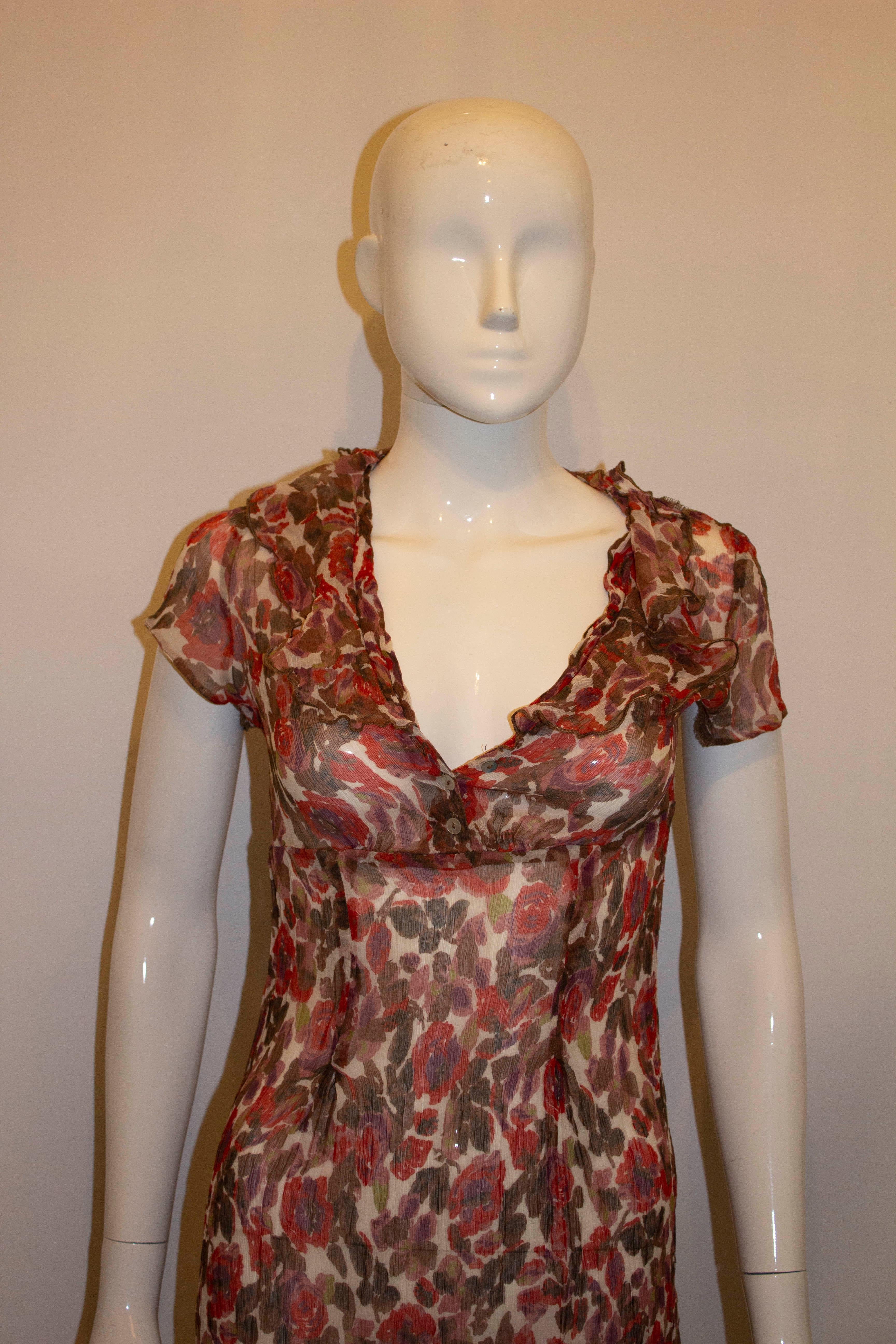 Brown Silk Chiffon Printed Tea Dress For Sale