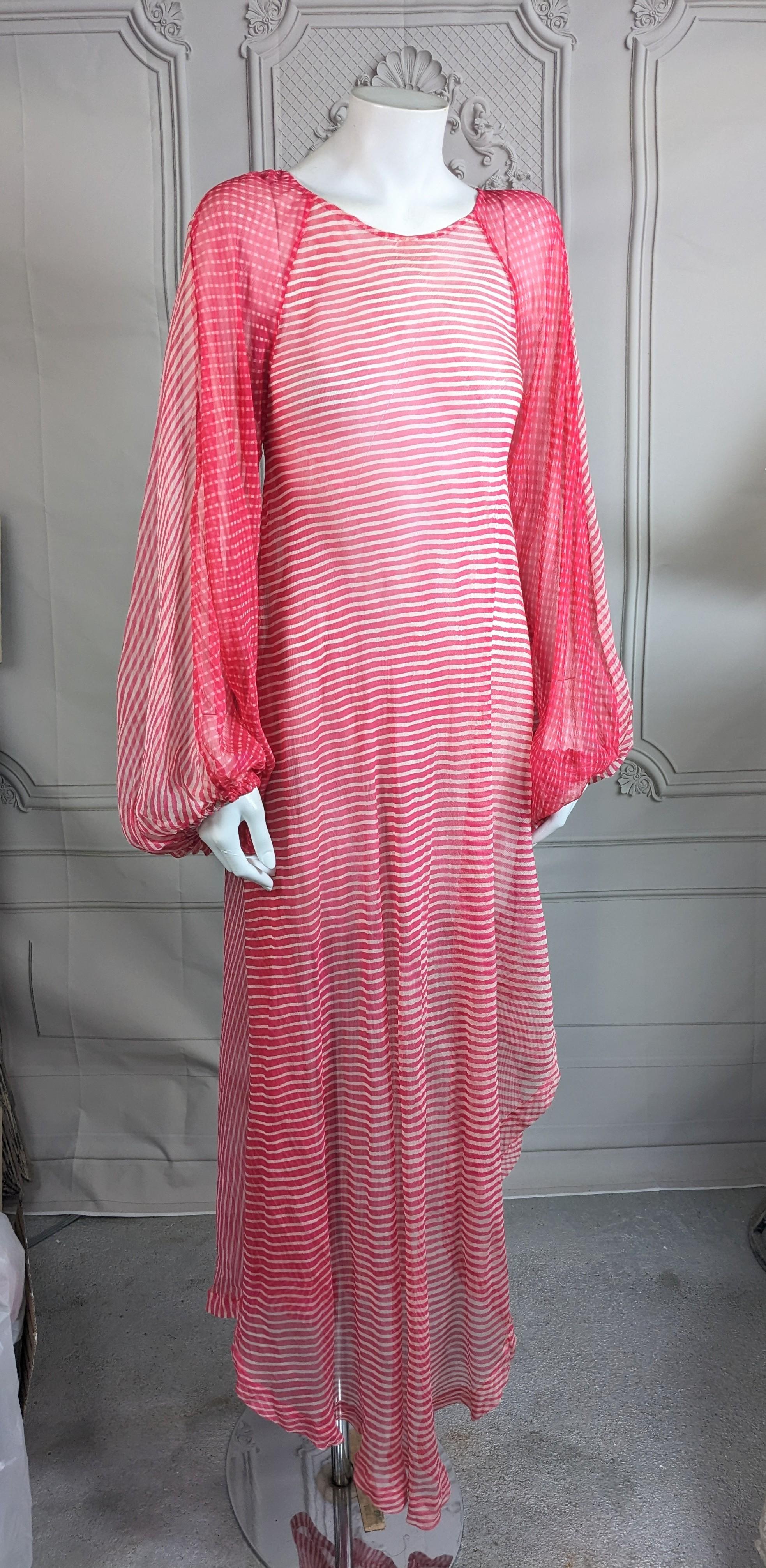 Silk Chiffon Rasberry Sheer Boho Gown with dipping side hemline from the 1970's. Floaty silk chiffon in 2 different striped prints are spliced to great effect with huge balloon sleeves. Boho chic gown with great possibilities. 1970's, likely