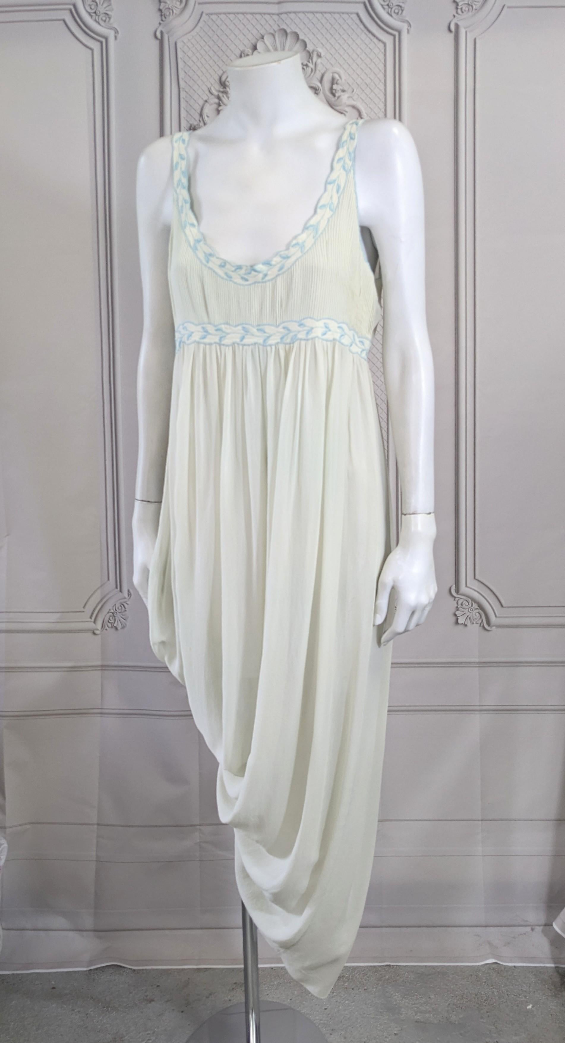 Silk Chiffon Pale Seafoam Green Slip Dress, Hand Embroidered in teal blue silk from the 1930's. Simple cut but with amazing handwork. The bodice has minute hand tucking and all the floral motifs are hand embroidered. Wonderful easy sheer slip dress,