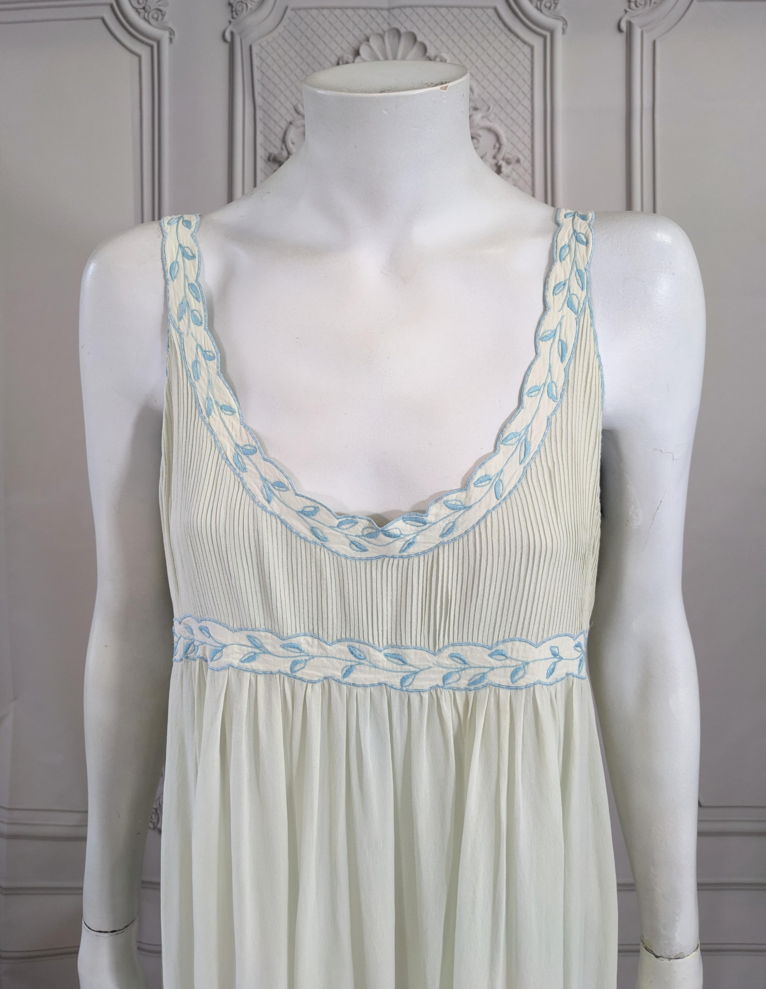 Silk Chiffon Seafoam Slip Dress, Hand Embroidered In Good Condition For Sale In New York, NY