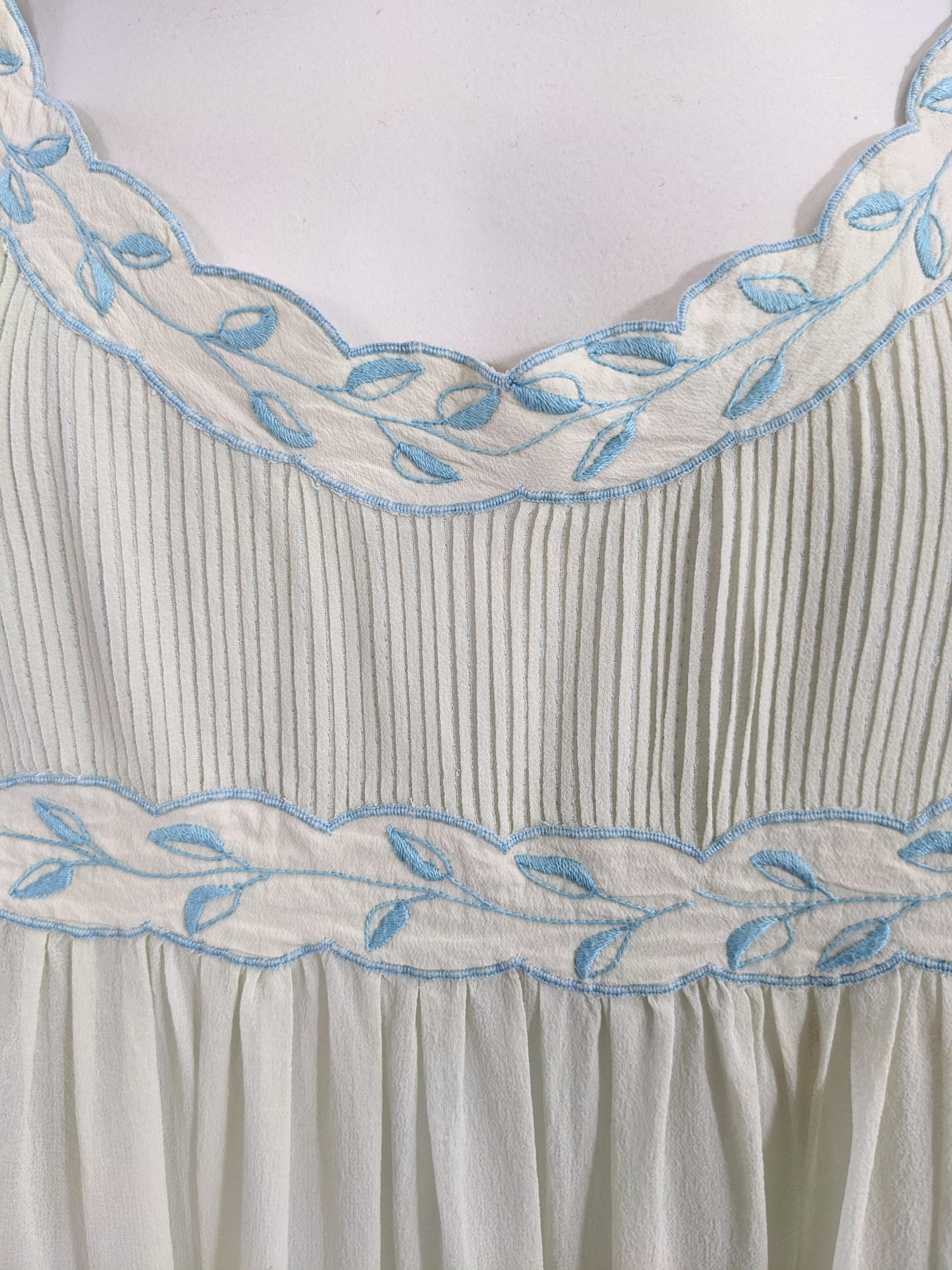 Women's Silk Chiffon Seafoam Slip Dress, Hand Embroidered For Sale