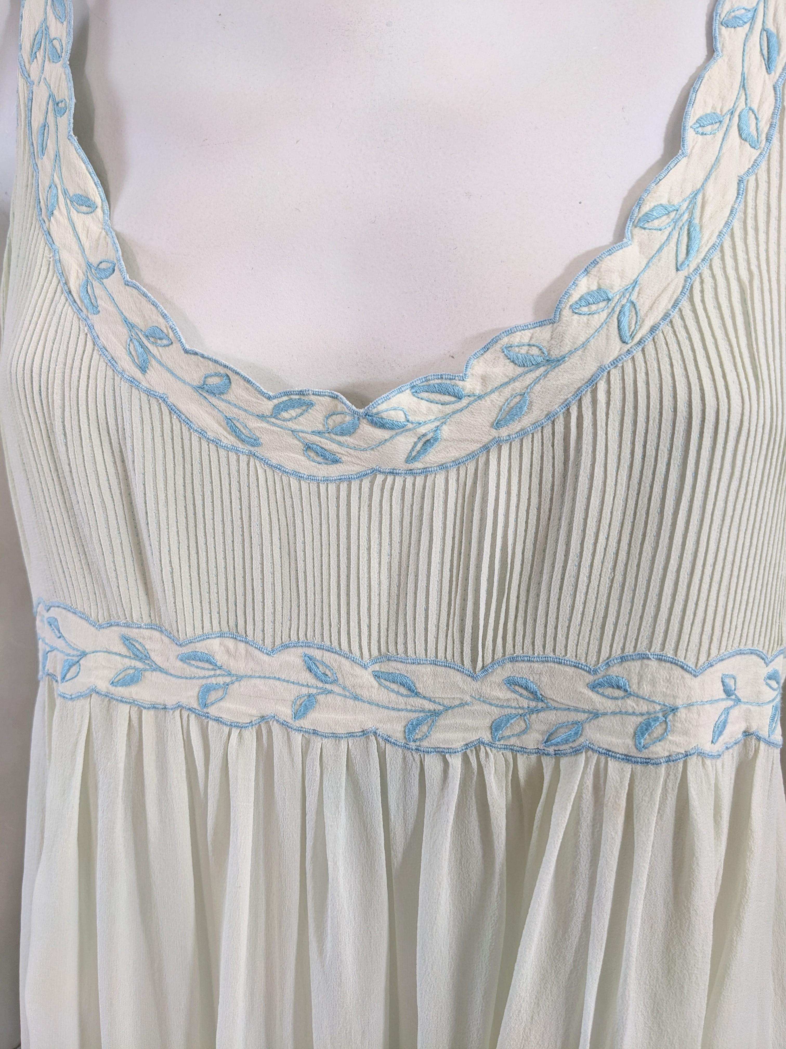 Silk Chiffon Seafoam Slip Dress, Hand Embroidered For Sale 2