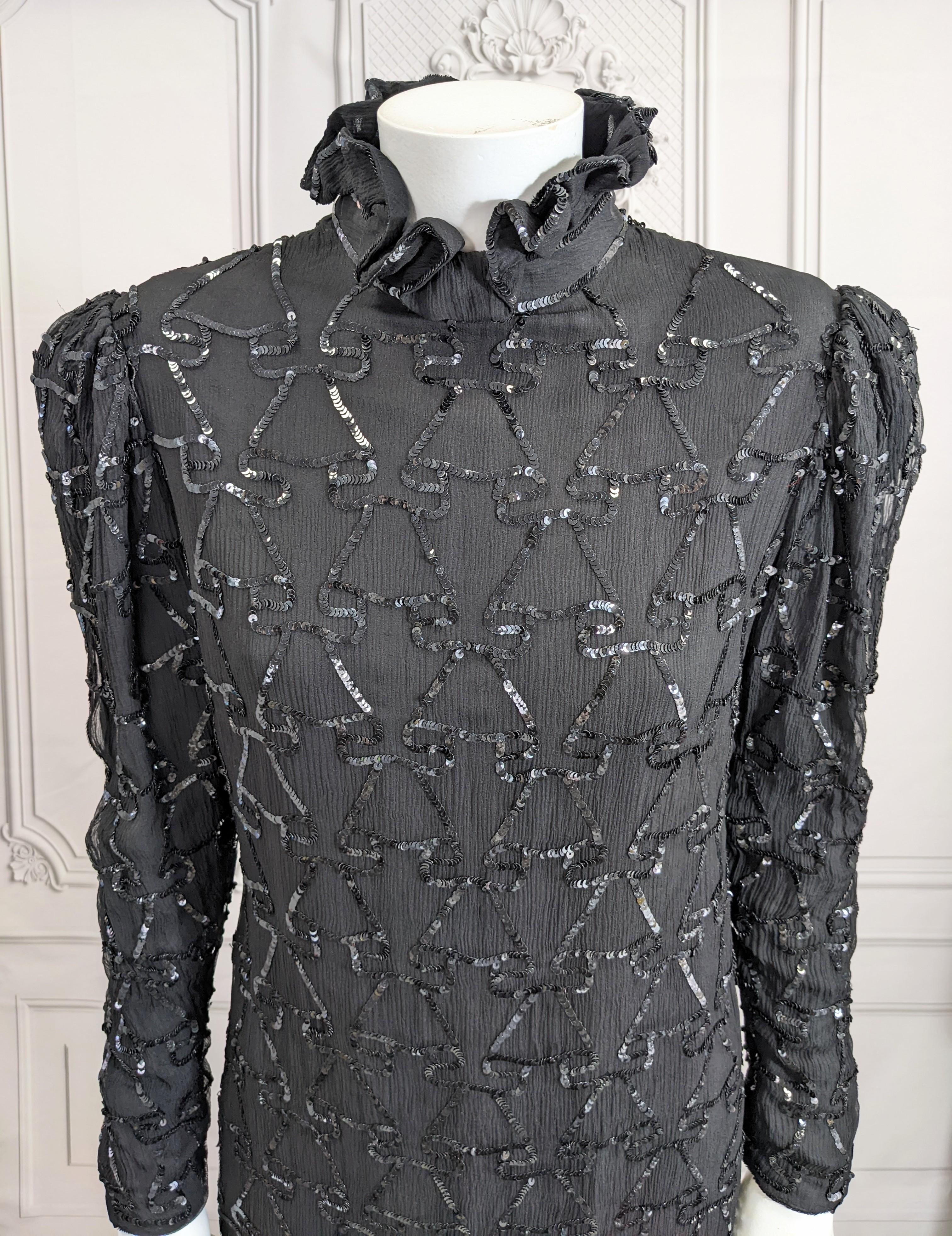 Black Silk Chiffon Sequin Ruffle Dress For Sale