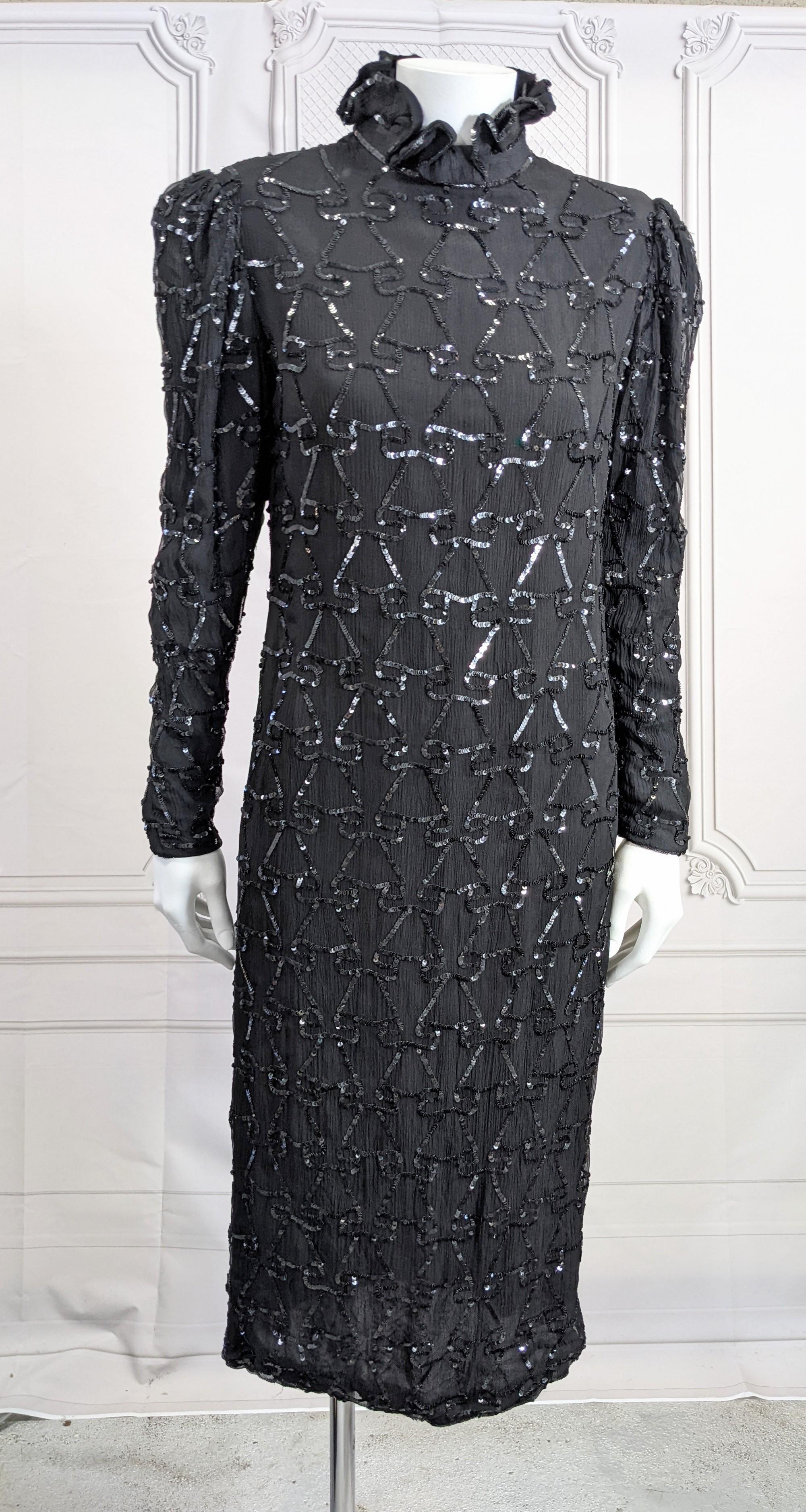 Silk Chiffon Sequin Ruffle Dress In Good Condition For Sale In New York, NY