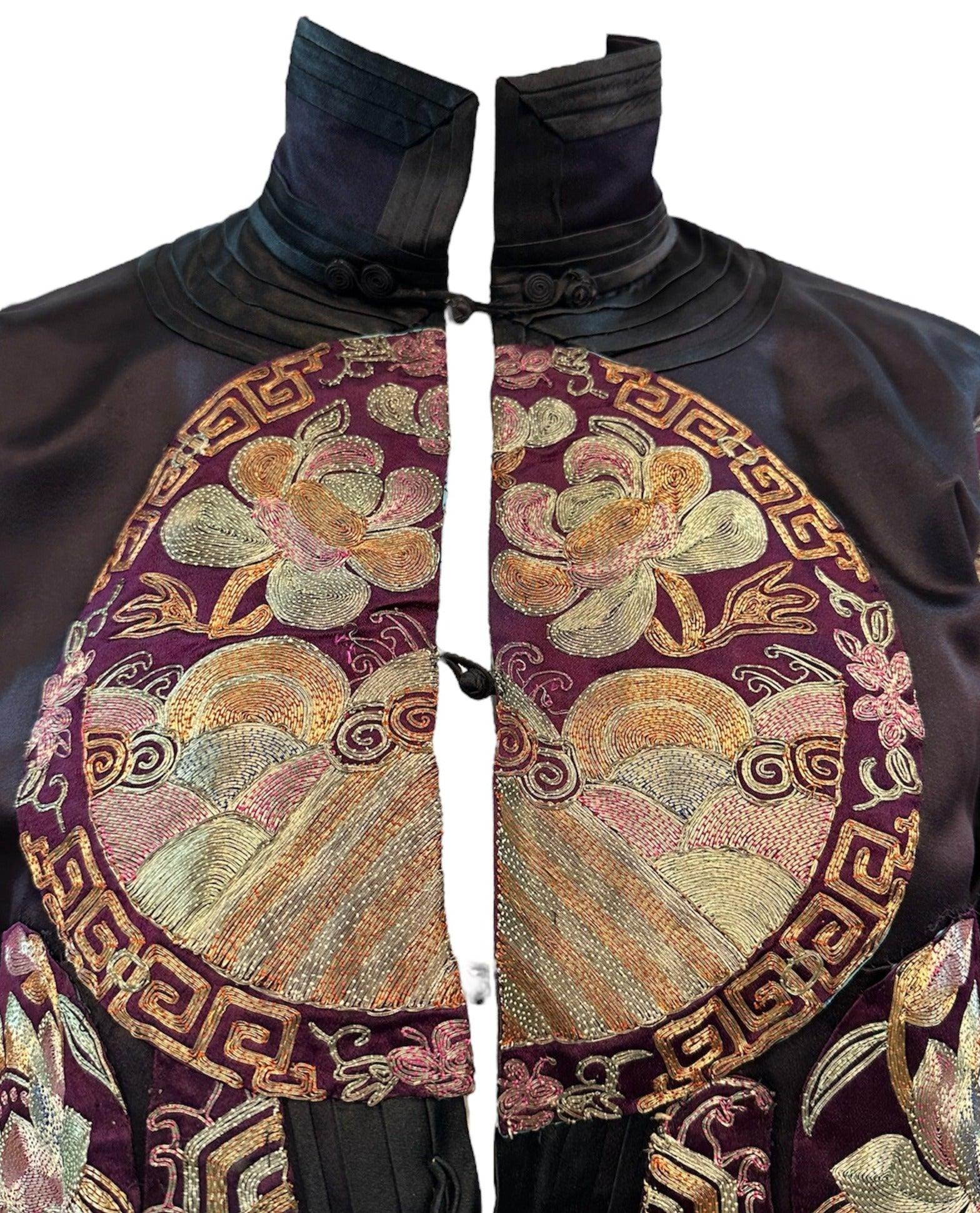 Black Silk Chinese Jacket With Large Heavily Couched Multi Color Applique, 1920s For Sale