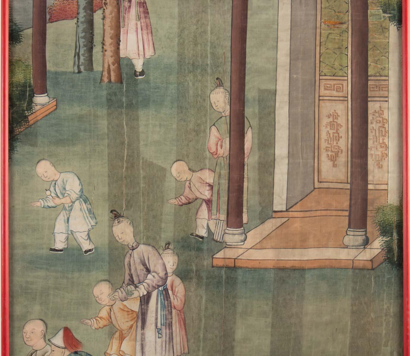 Silk, Chinese painting, 19th century, temple scene, Asia
Measures: H 81cm, W 48cm, W 1cm.